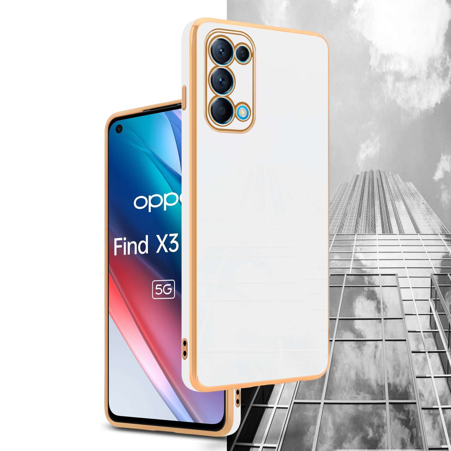 Custodia per telefono con retro bianco e cornice dorata, telefono all'interno. Testo 'opp Find X3 5G' visibile.