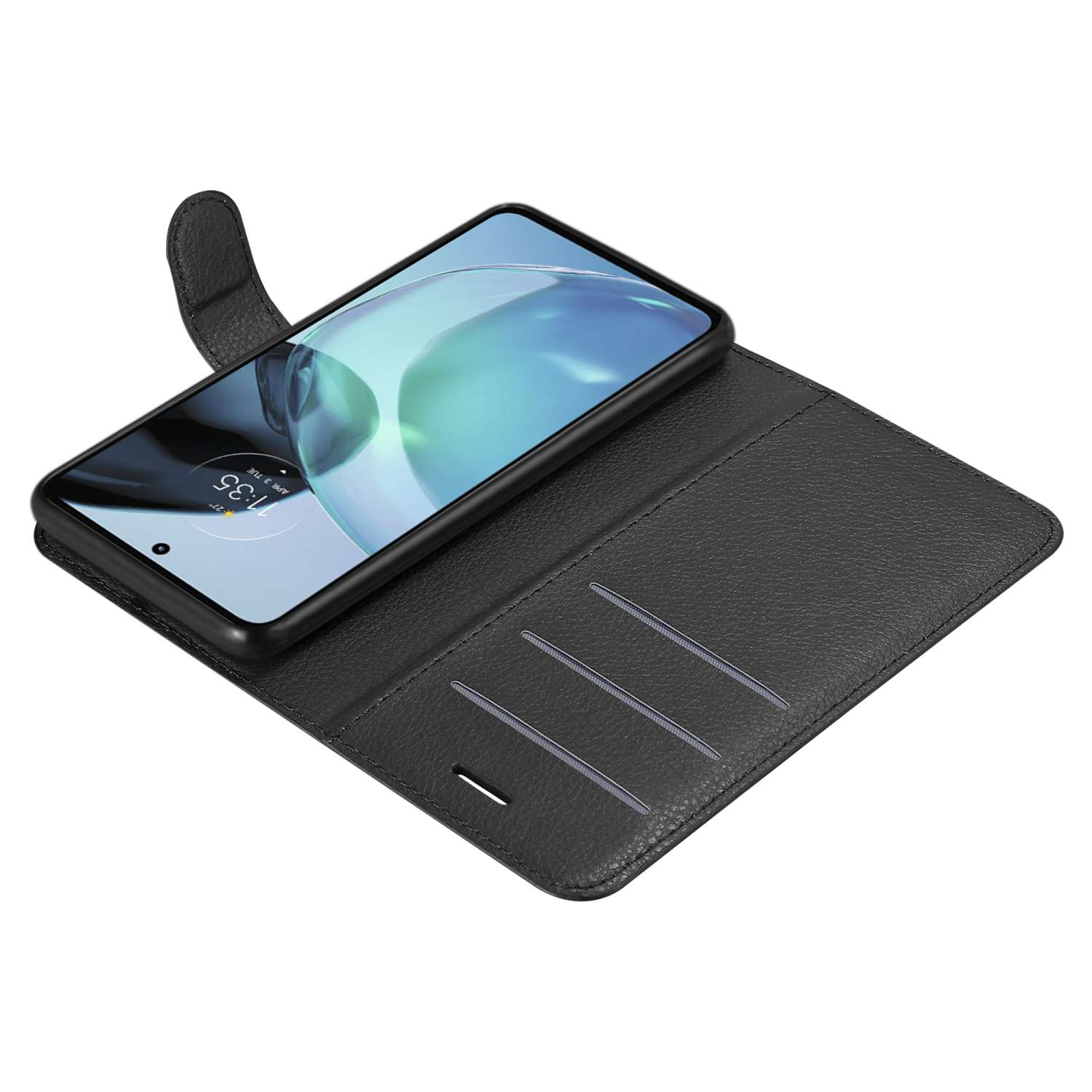 Custodia per telefono nera, aperta, con un telefono all'interno. Il telefono mostra un'immagine blu e la custodia ha scomparti per carte.