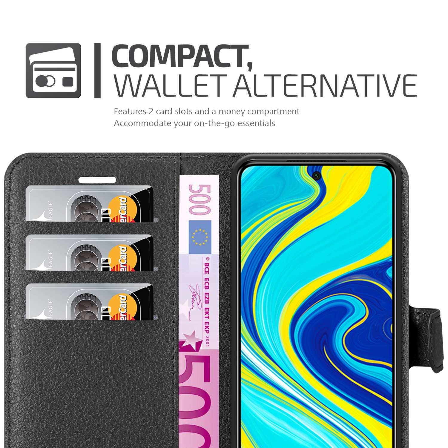 Portafoglio nero per telefono con slot per carte, banconota e schermo del telefono.