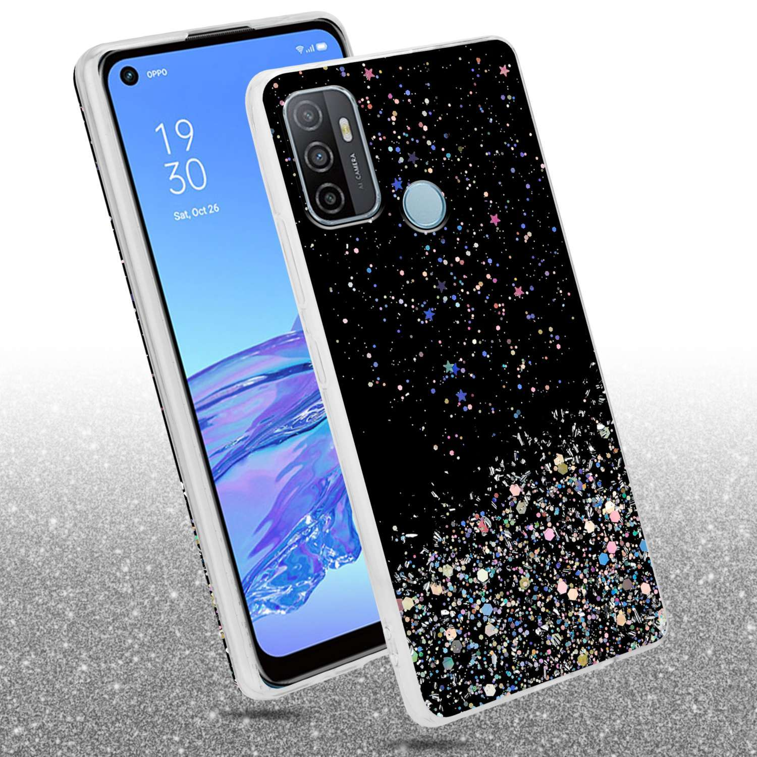 Telefono in una custodia con un design scintillante con schermo blu.