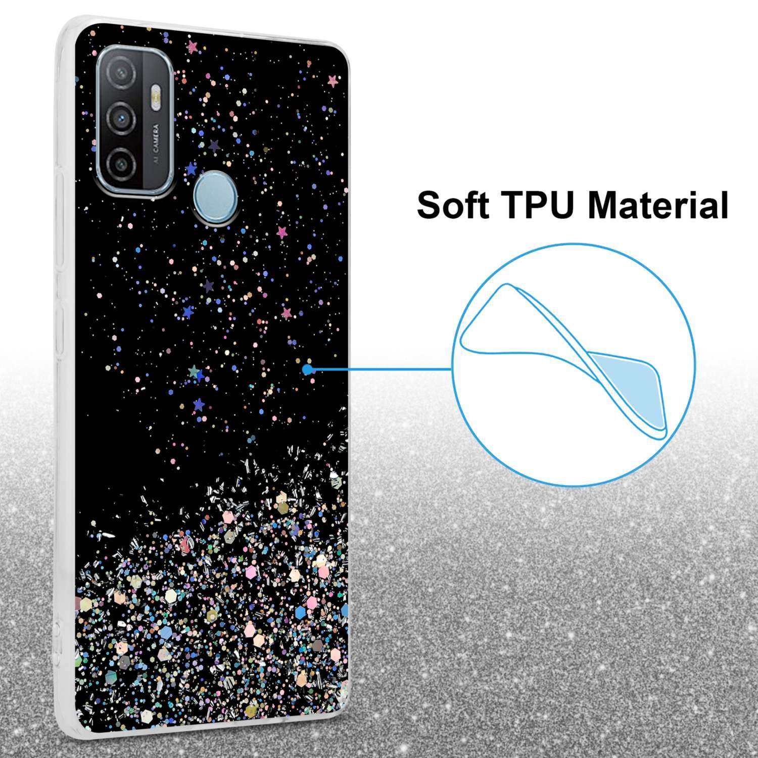 Custodia nera con design glitterato, con modulo fotocamera. Il telefono è nero.