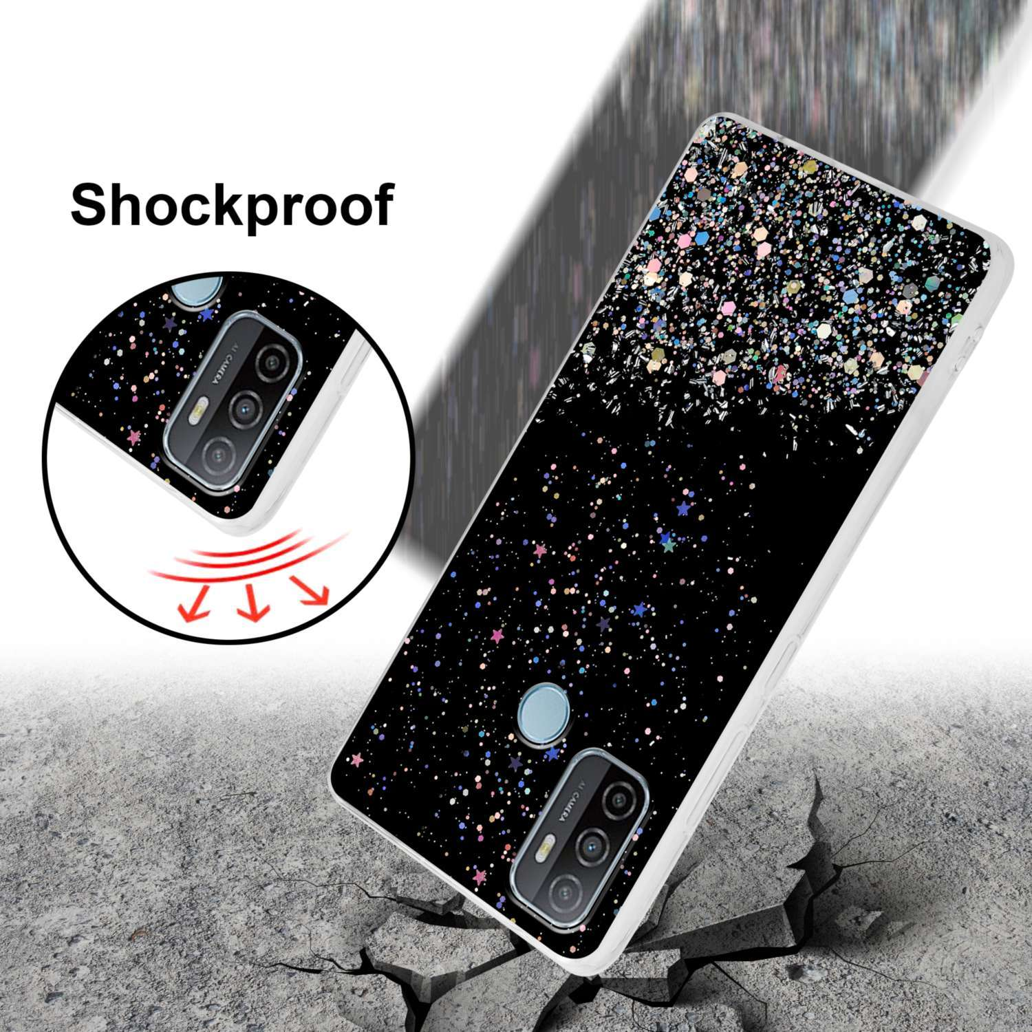Custodia nera per telefono con brillantini, con telefono. Su superficie incrinata con testo.