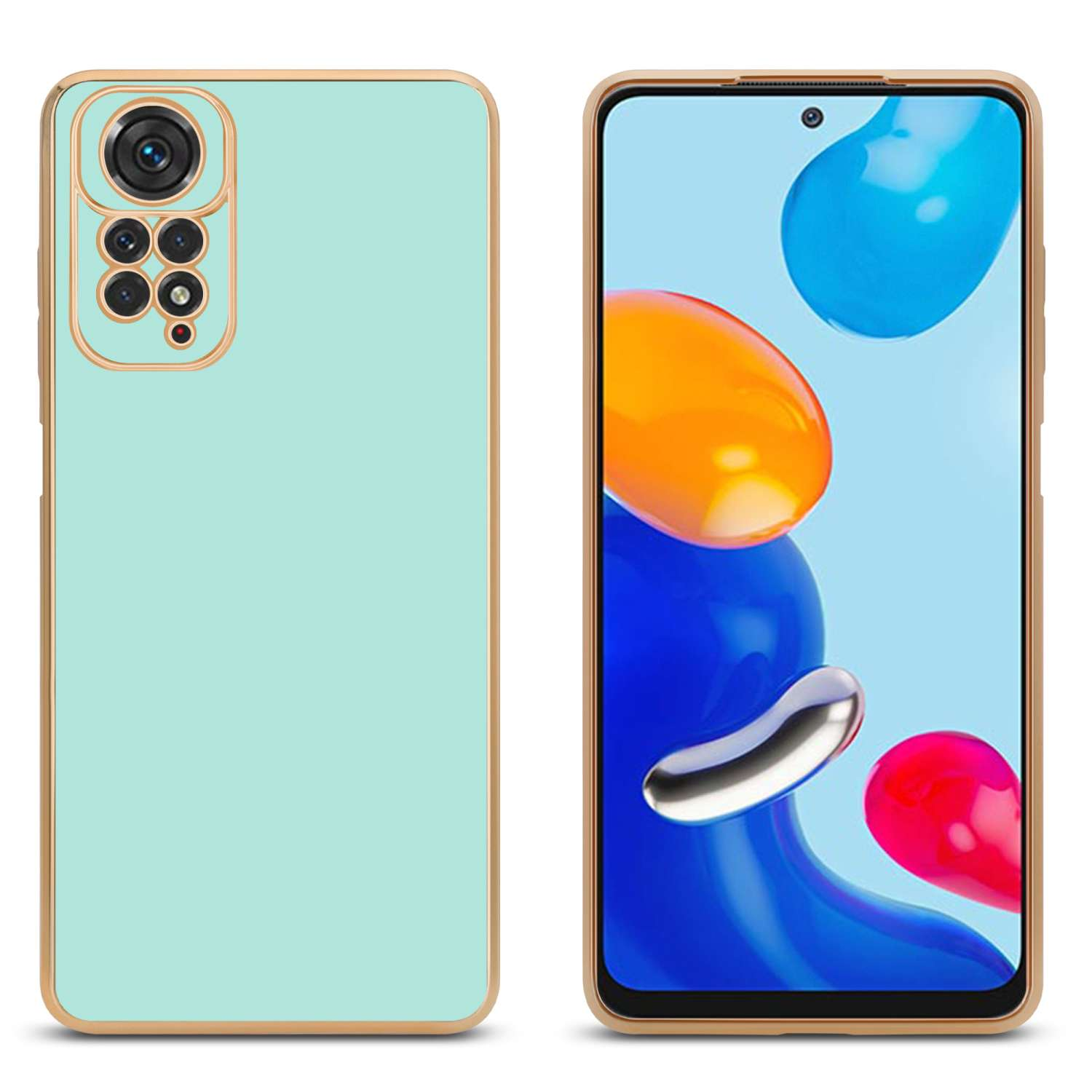 Custodia per telefono verde menta con finiture dorate e telefono con sfondo astratto colorato.