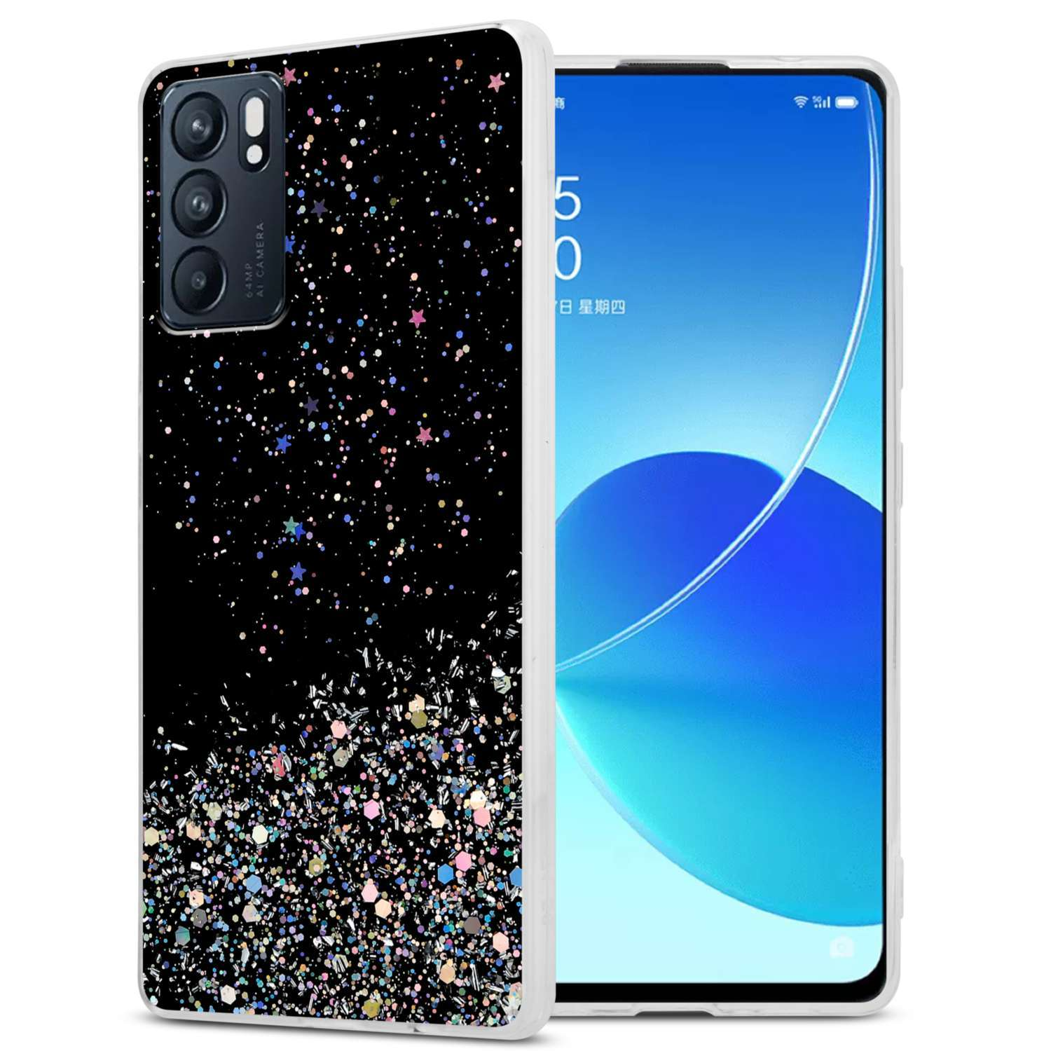 Eine schwarze Handyhülle mit Glitzer und einem Telefon. Die Hülle ist offen und zeigt den Bildschirm.