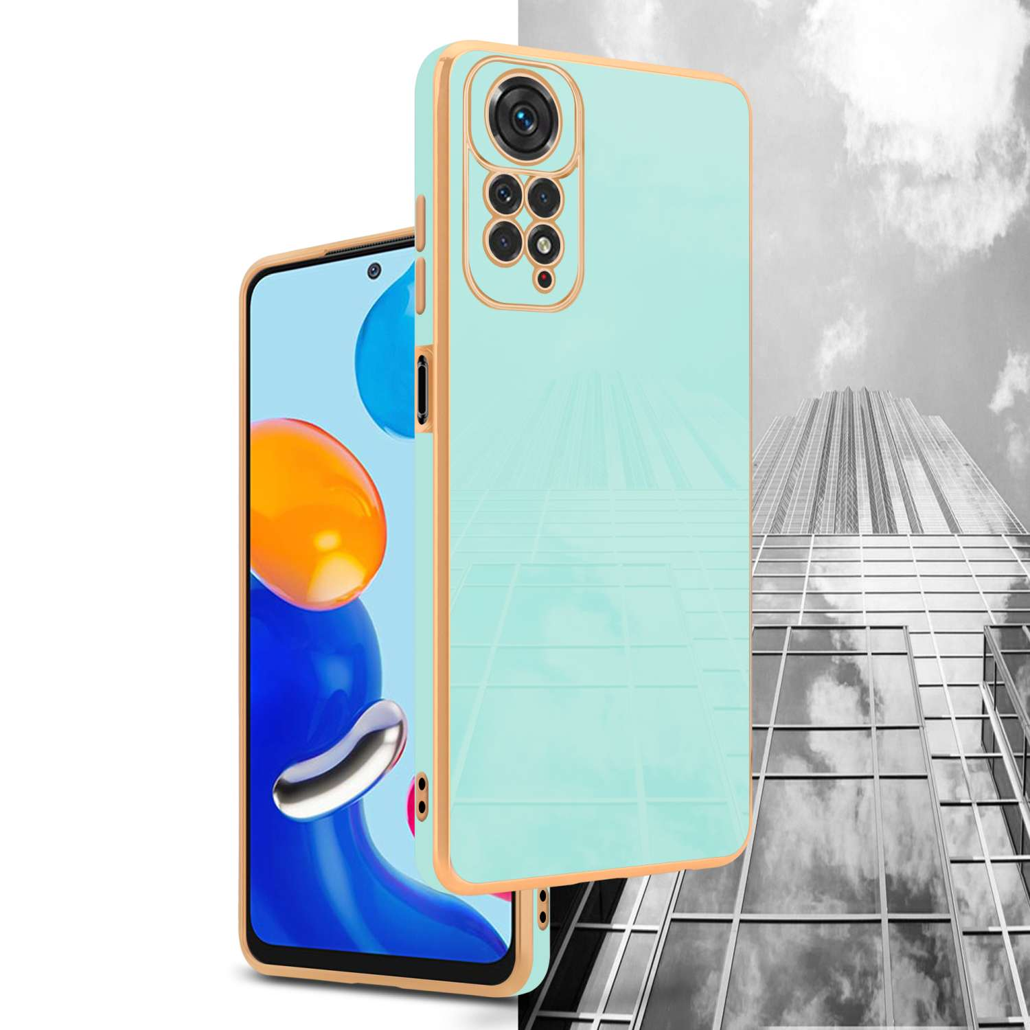Due telefoni con custodie. Un telefono blu in una custodia dorata, l'altro è blu. Sfondo di un edificio.