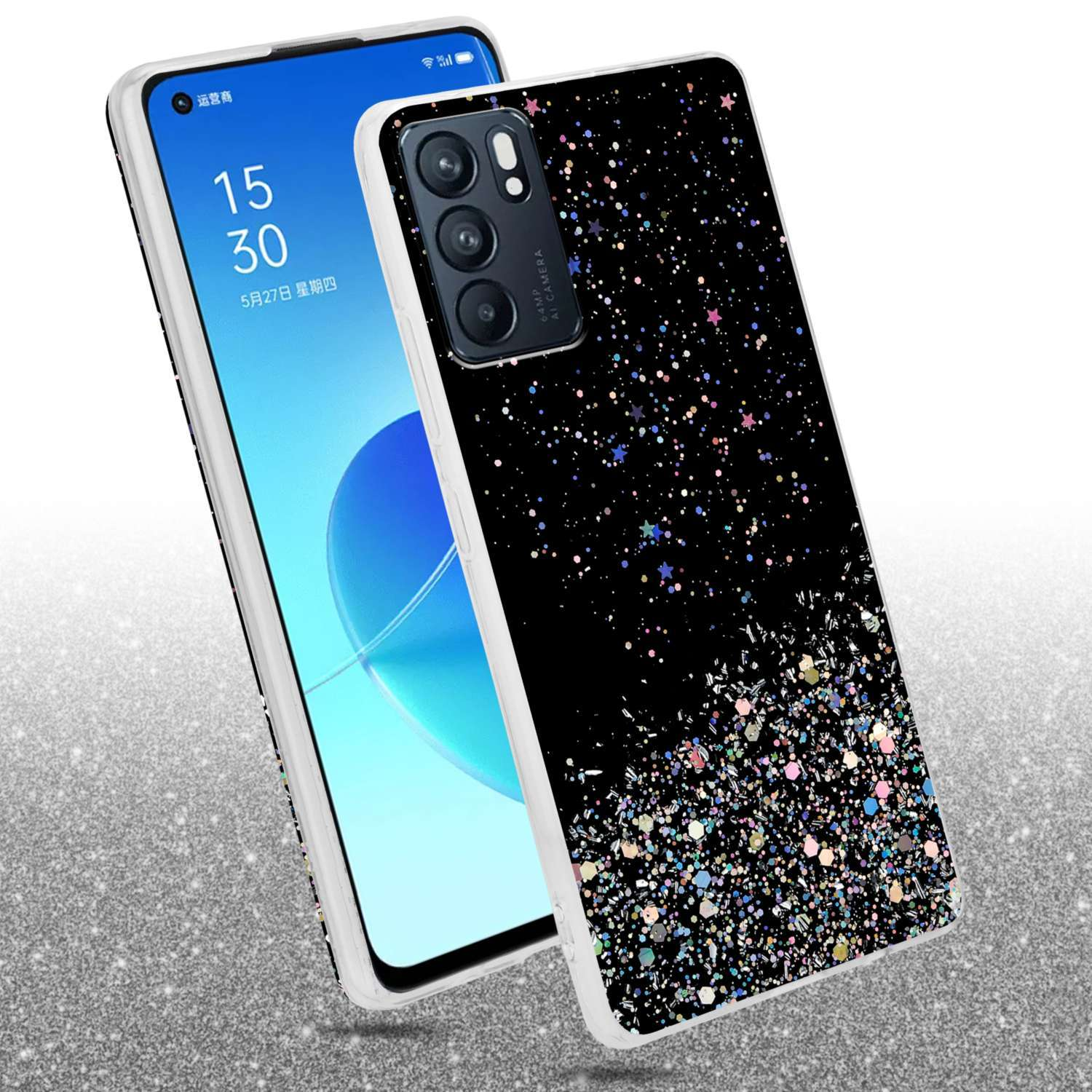 Telefon mit schwarzer Glitzerhülle, glitzernden Punkten und Sternen. Der Bildschirm zeigt die Uhrzeit.
