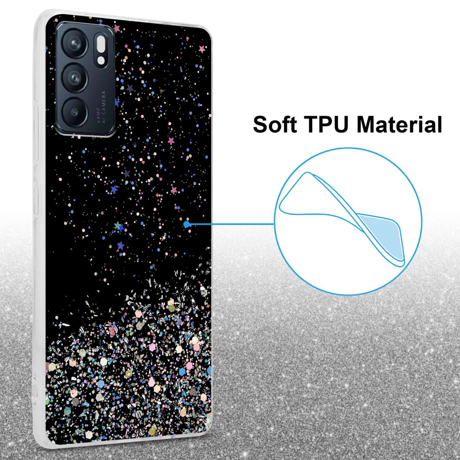 Ein Telefon in einer glitzernden Hülle neben einem anderen Telefon. Es hebt das Design der Hülle mit Glitzer und Sternen hervor.