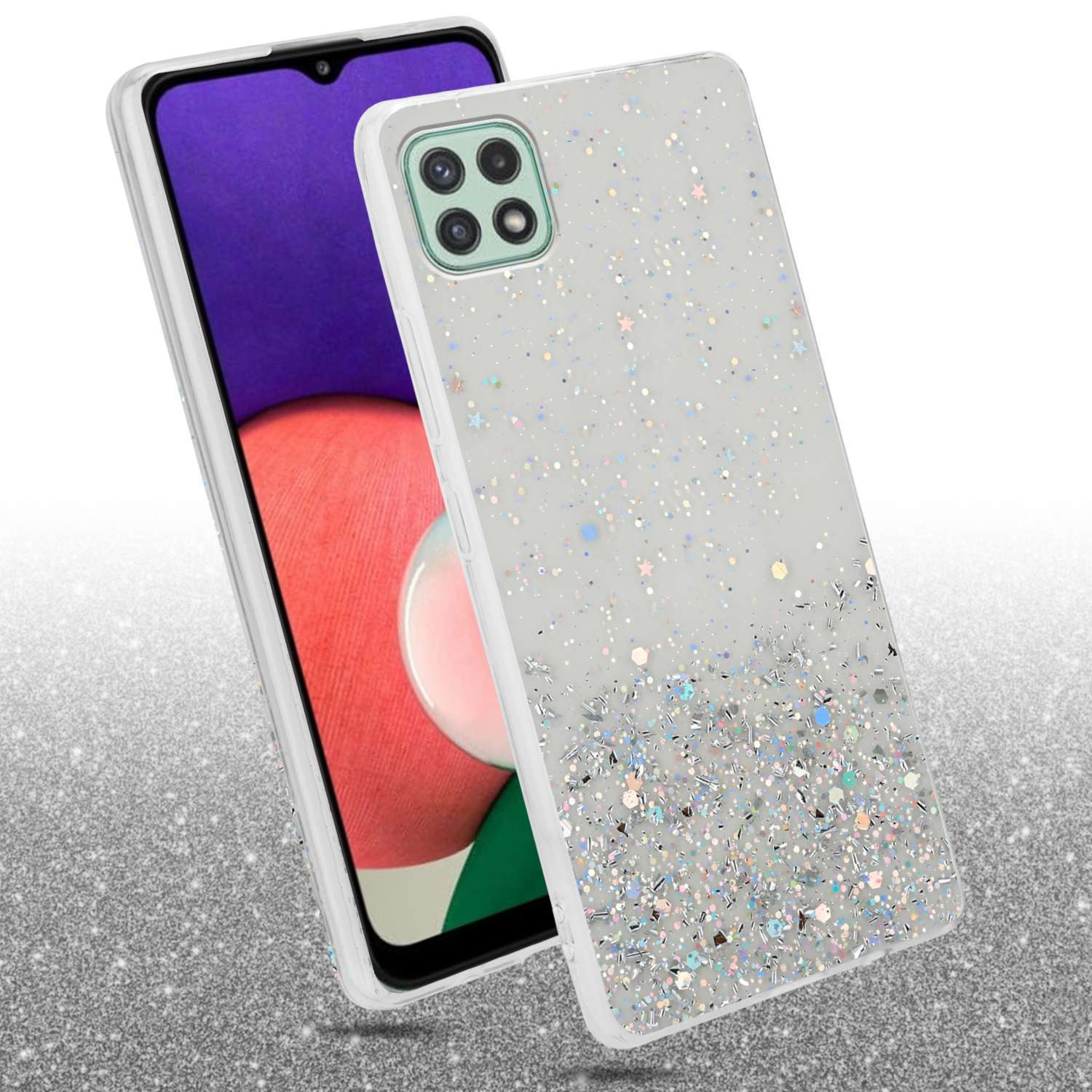 Custodia per telefono con glitter. Telefono nella custodia. Custodia bianca con stelle. Sfondo scintillante.
