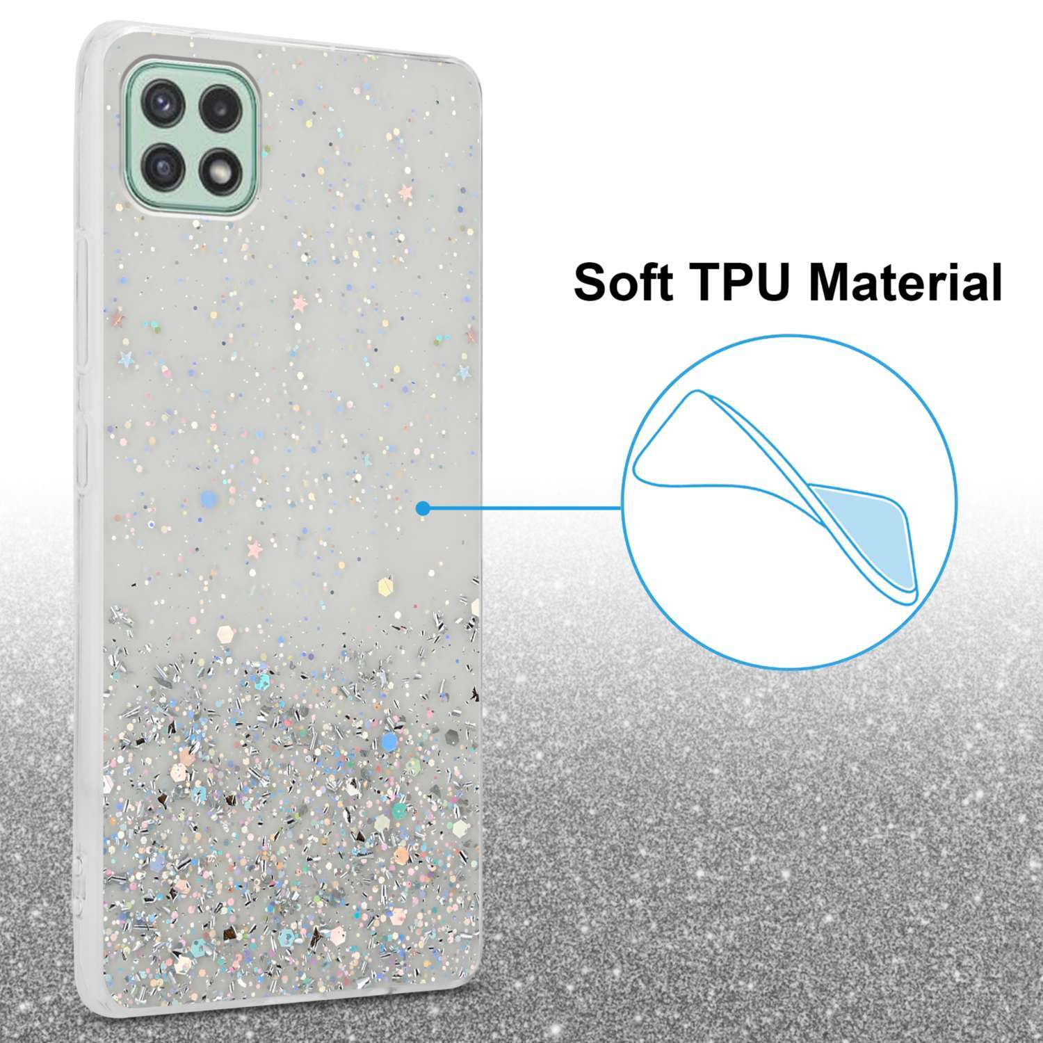 Custodia glitter con sfondo bianco e testo. Materiale TPU morbido.
