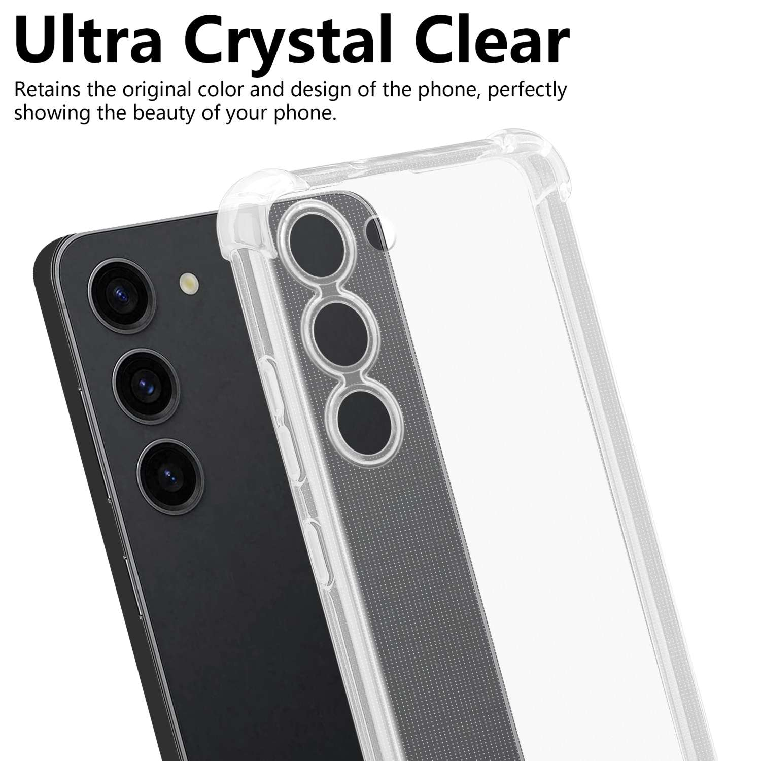 Una custodia trasparente accanto a un telefono nero, che mostra gli obiettivi della fotocamera.