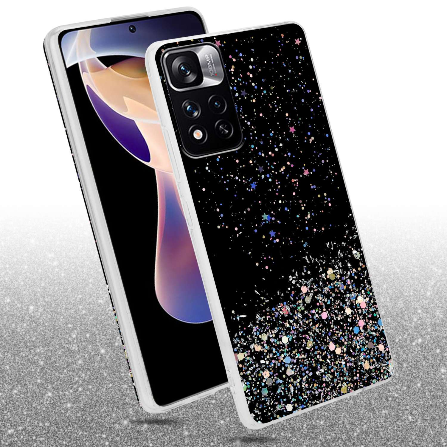 Custodia per telefono nera con effetto glitter. Il telefono è nella custodia. I glitter sono multicolore.