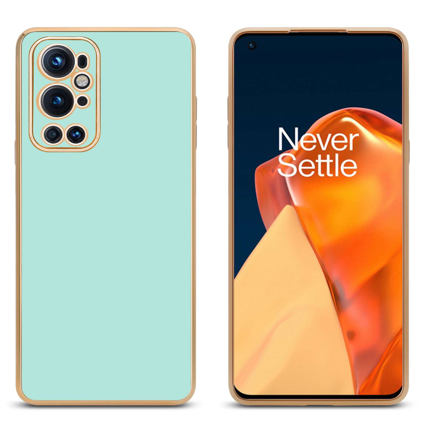 Due telefoni: uno con una custodia verde acqua, l'altro mostra uno schermo con testo. La custodia ha un bordo dorato.