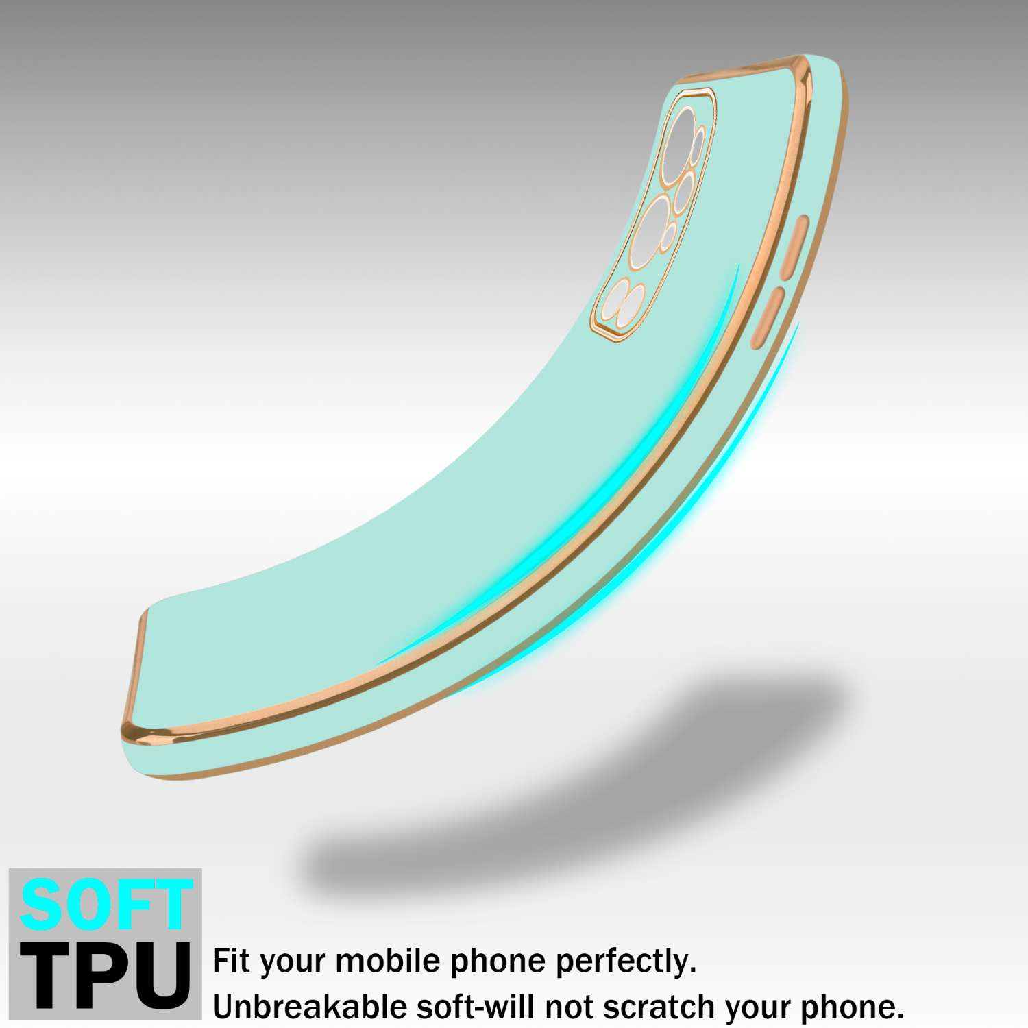 Una custodia per telefono verde menta con bordo dorato.