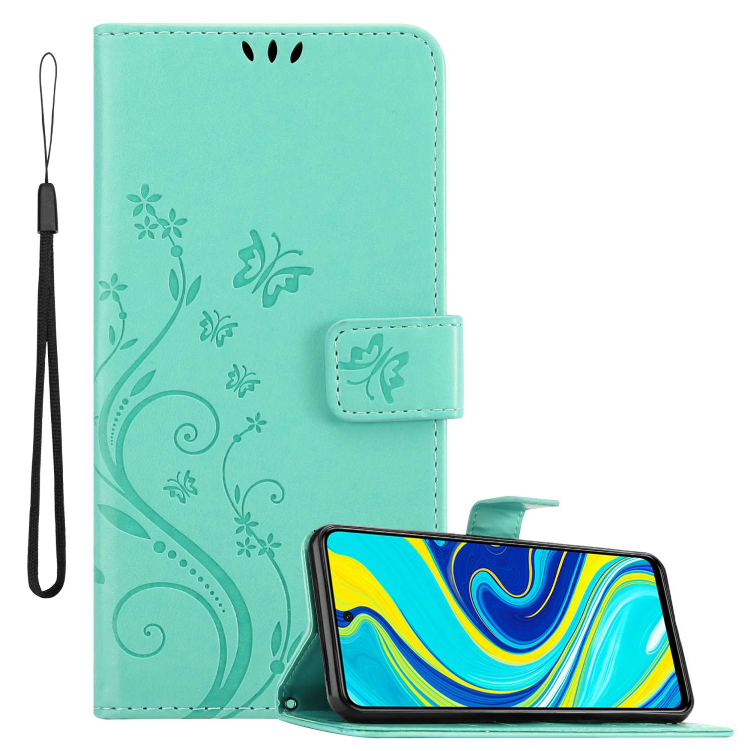 Eine türkisblaue Handyhülle, geöffnet, um das Telefon zu zeigen, mit einer Handschlaufe.