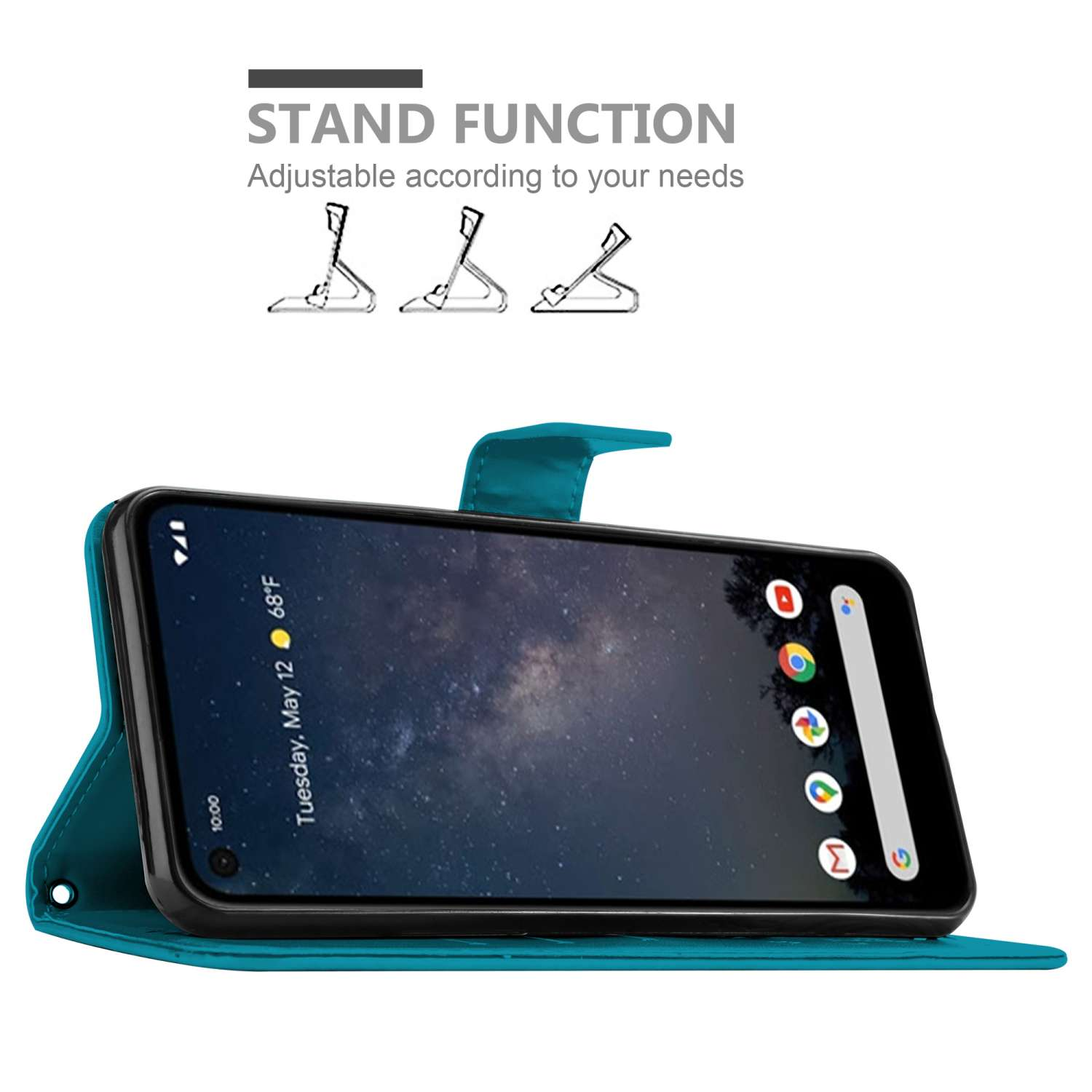 Türkisfarbene Handyhülle mit Telefon im Inneren, das den Bildschirm zeigt. Ständerfunktion.