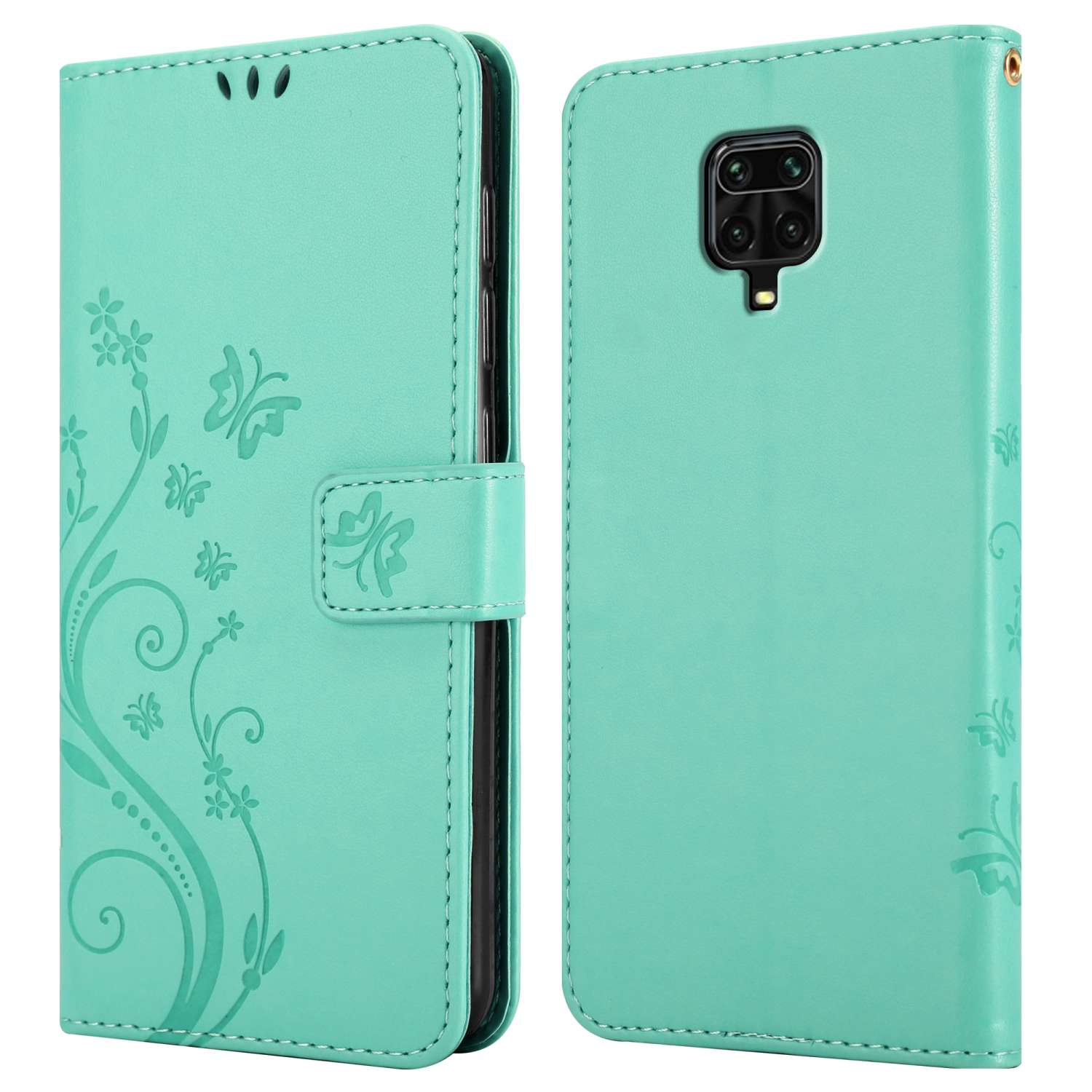 Eine türkisfarbene Handyhülle, offen, mit einem Telefon darin. Die Hülle hat florale Designs.