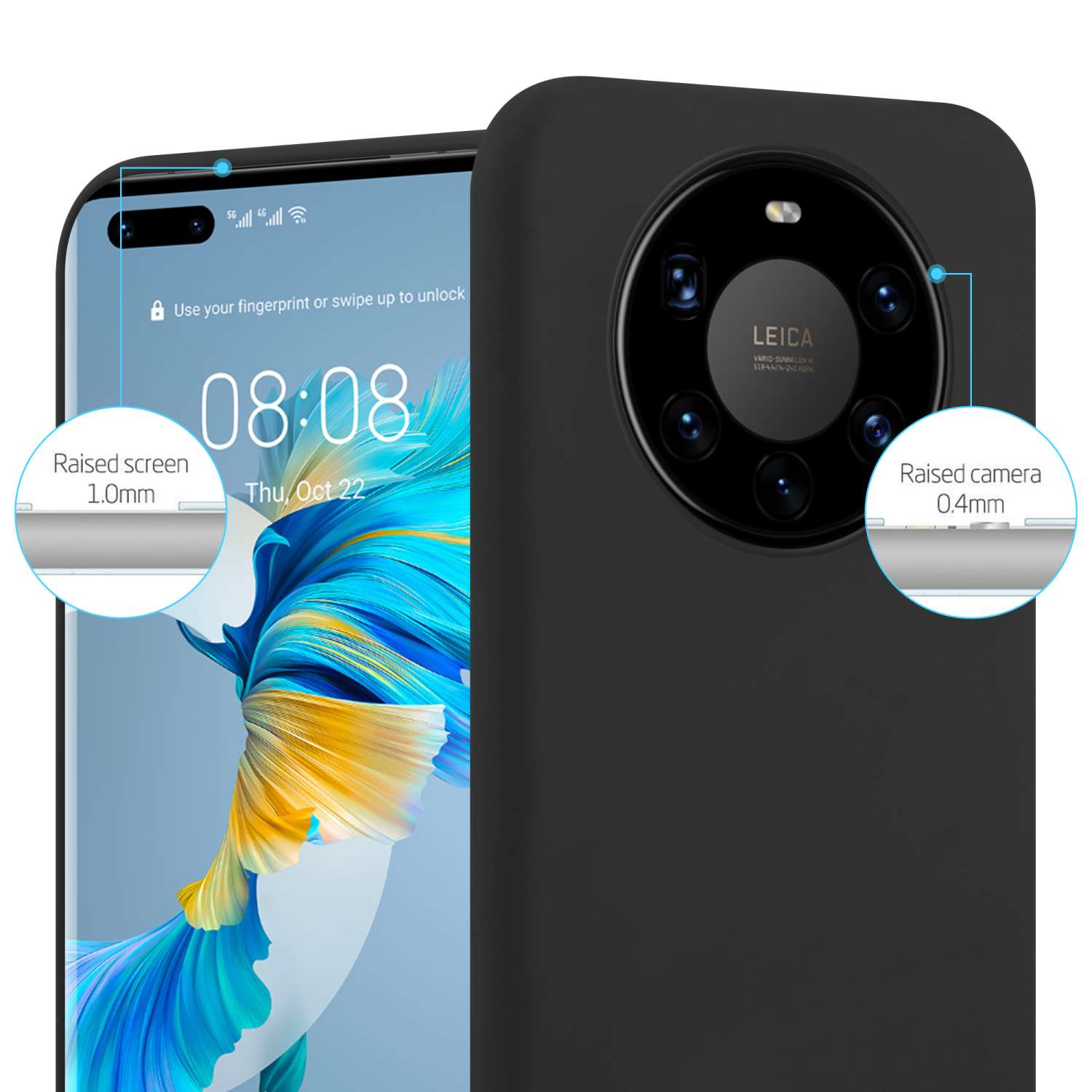 Schwarze Handyhülle mit Handy-Bildschirm und erhöhtem Bildschirm und Kamera.