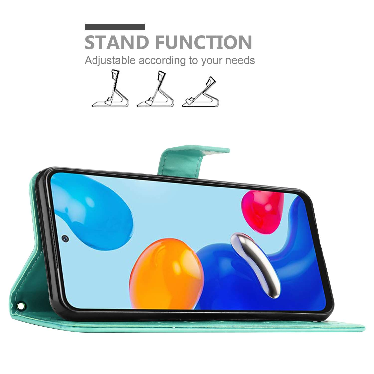 Custodia per telefono con telefono all'interno. Viene visualizzata la funzione stand. Il telefono mostra un'immagine colorata.