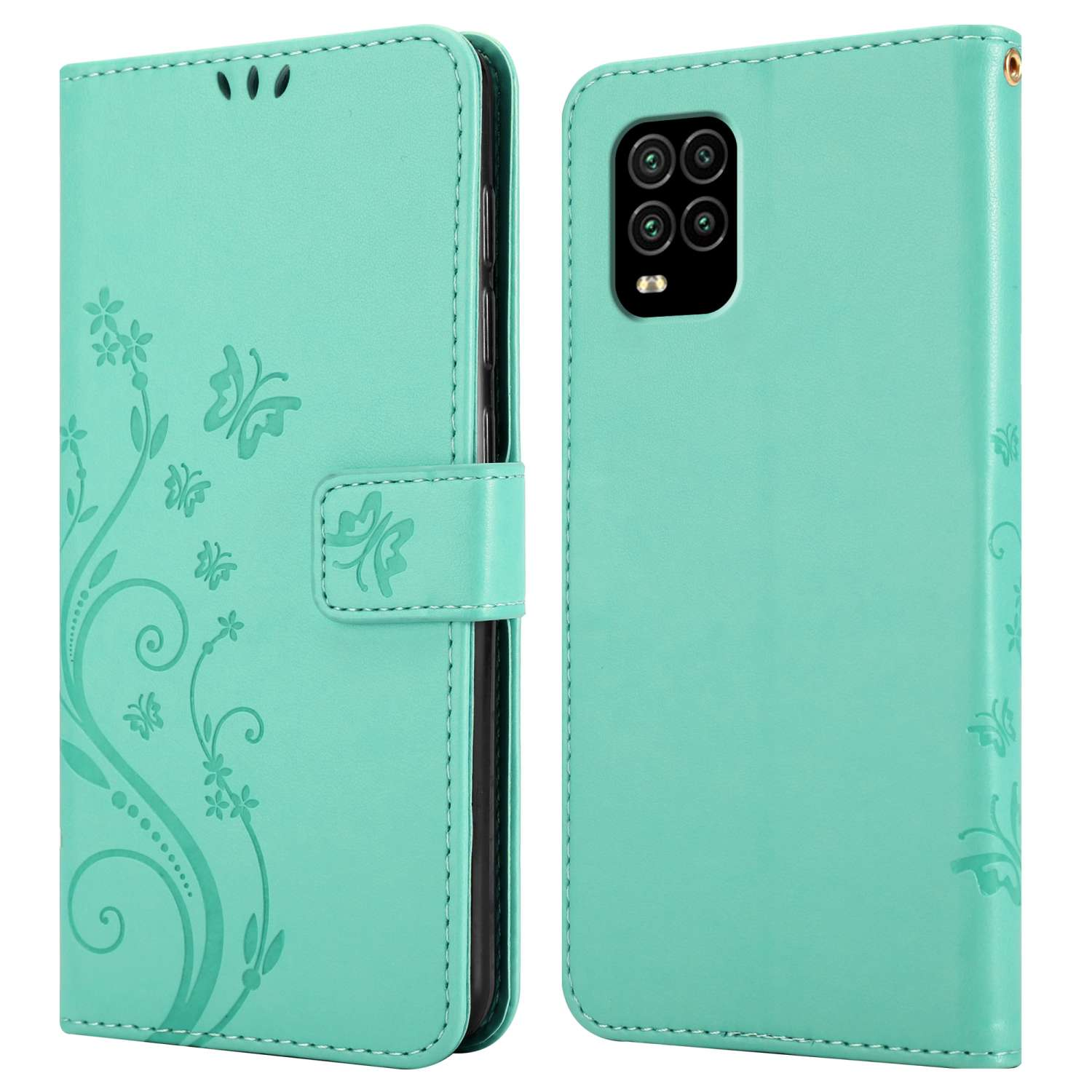 Una custodia per telefono verde chiaro con un design floreale, aperta e chiusa.