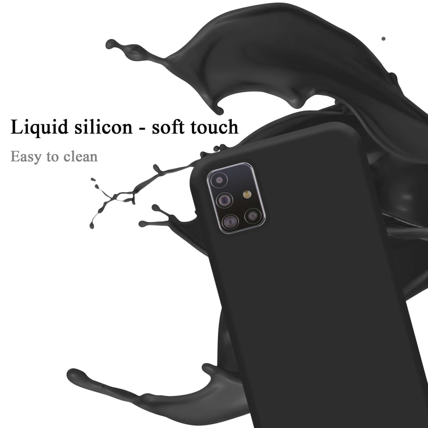 Custodia per telefono nera con schizzo di liquido nero. Testo: Silicone liquido - tocco morbido, facile da pulire.