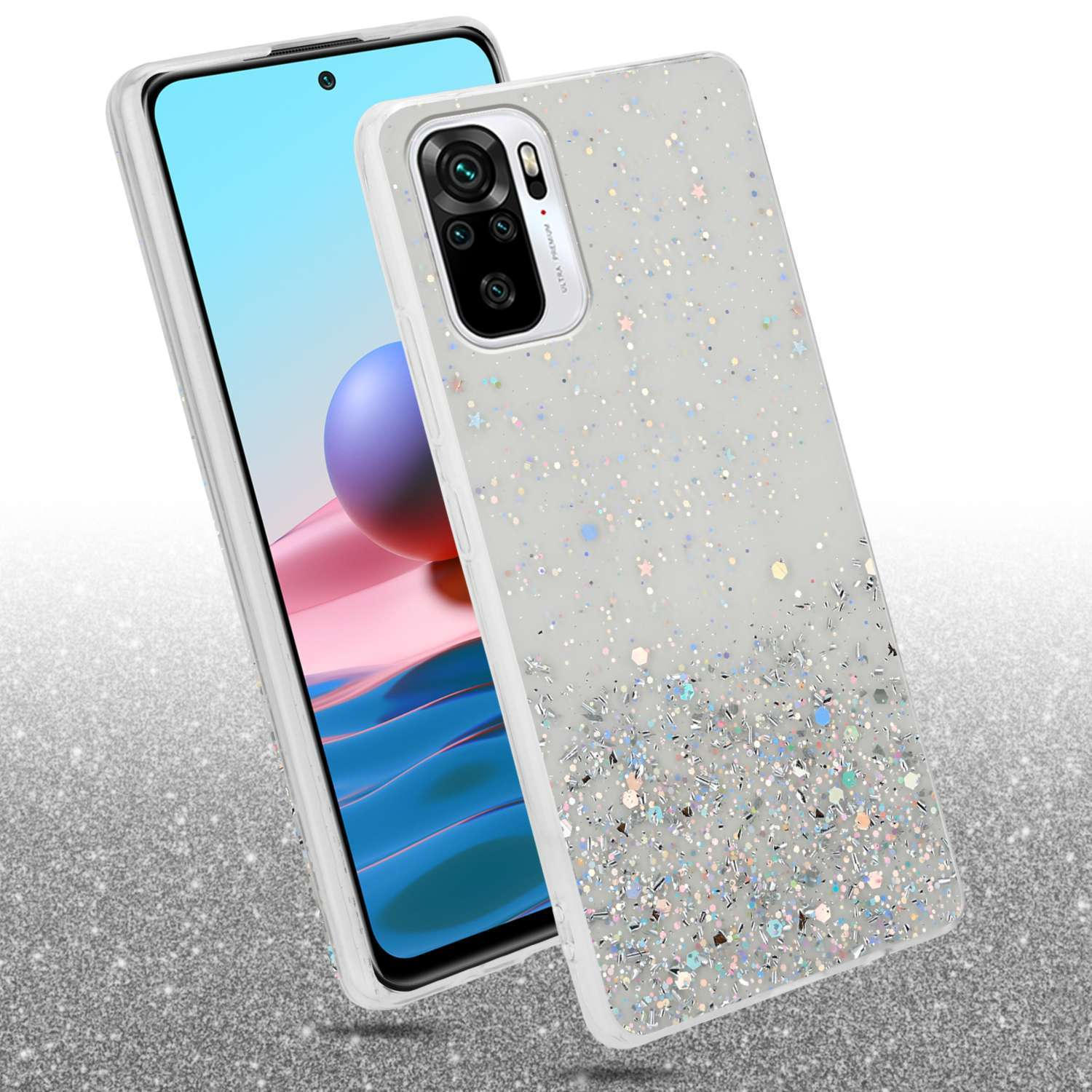 Custodia per telefono argentata con design glitterato e un telefono. Il telefono si appoggia alla custodia.