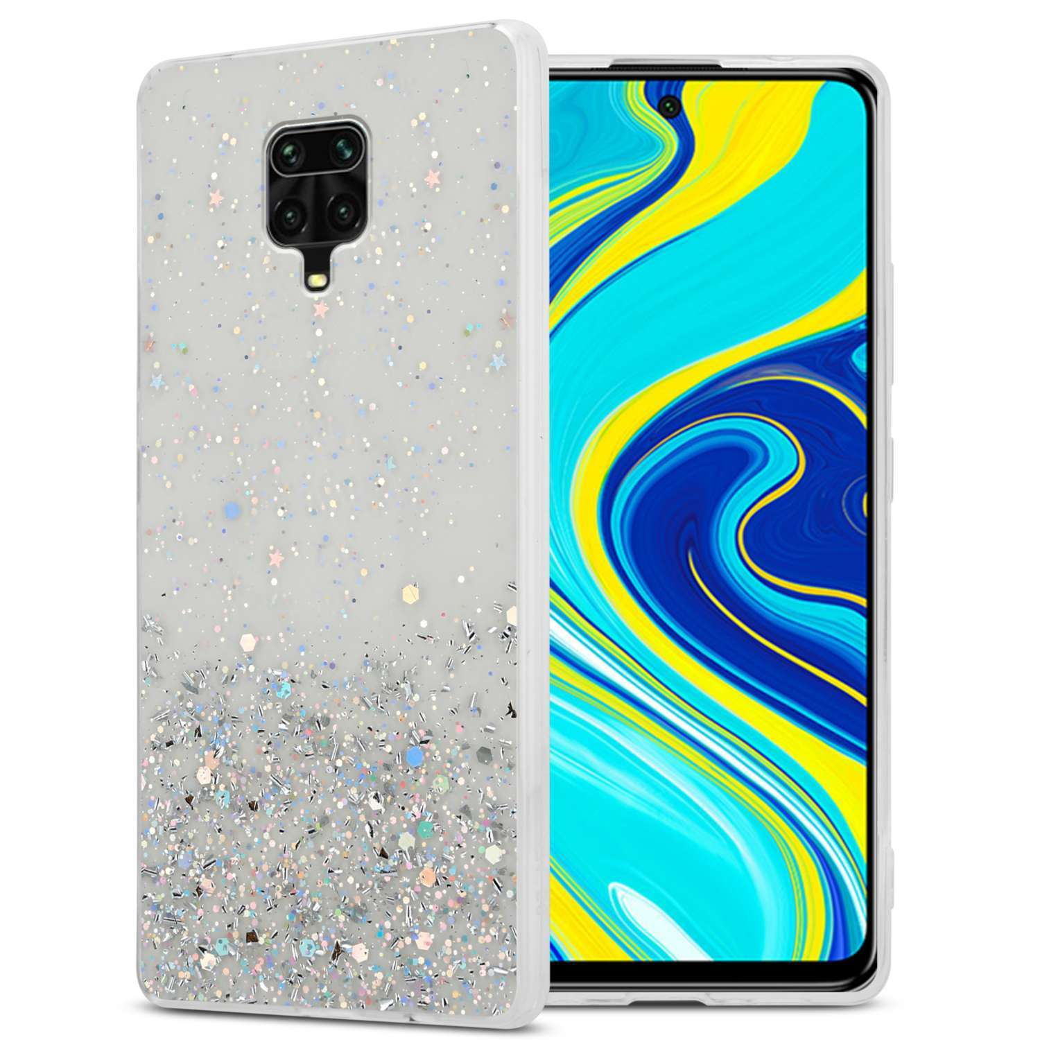 Telefono con custodia glitterata. La custodia è trasparente con glitter. Lo schermo mostra un design blu e bianco.