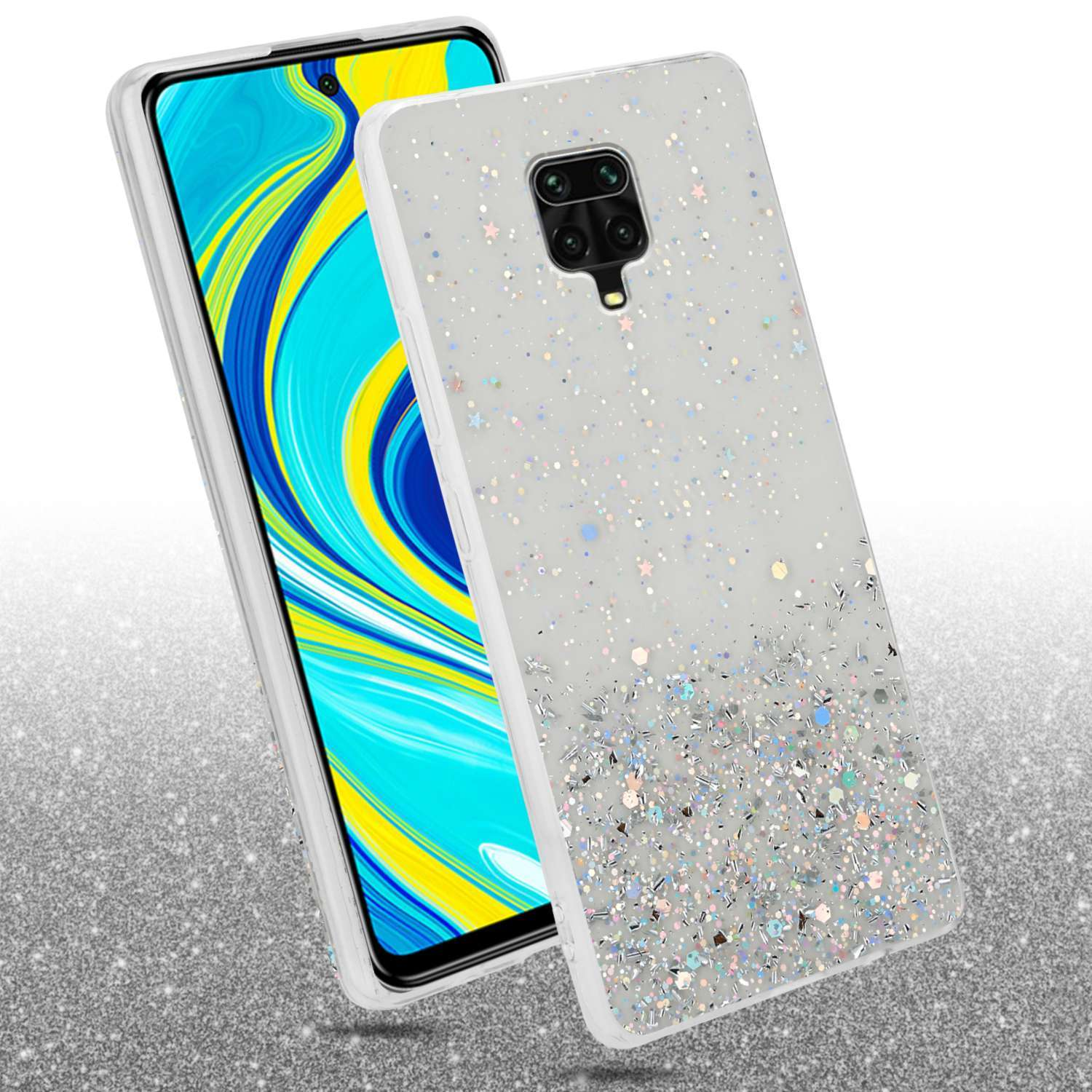 Custodia per telefono con glitter, che copre parzialmente un telefono. Scintille argentate e colorate.