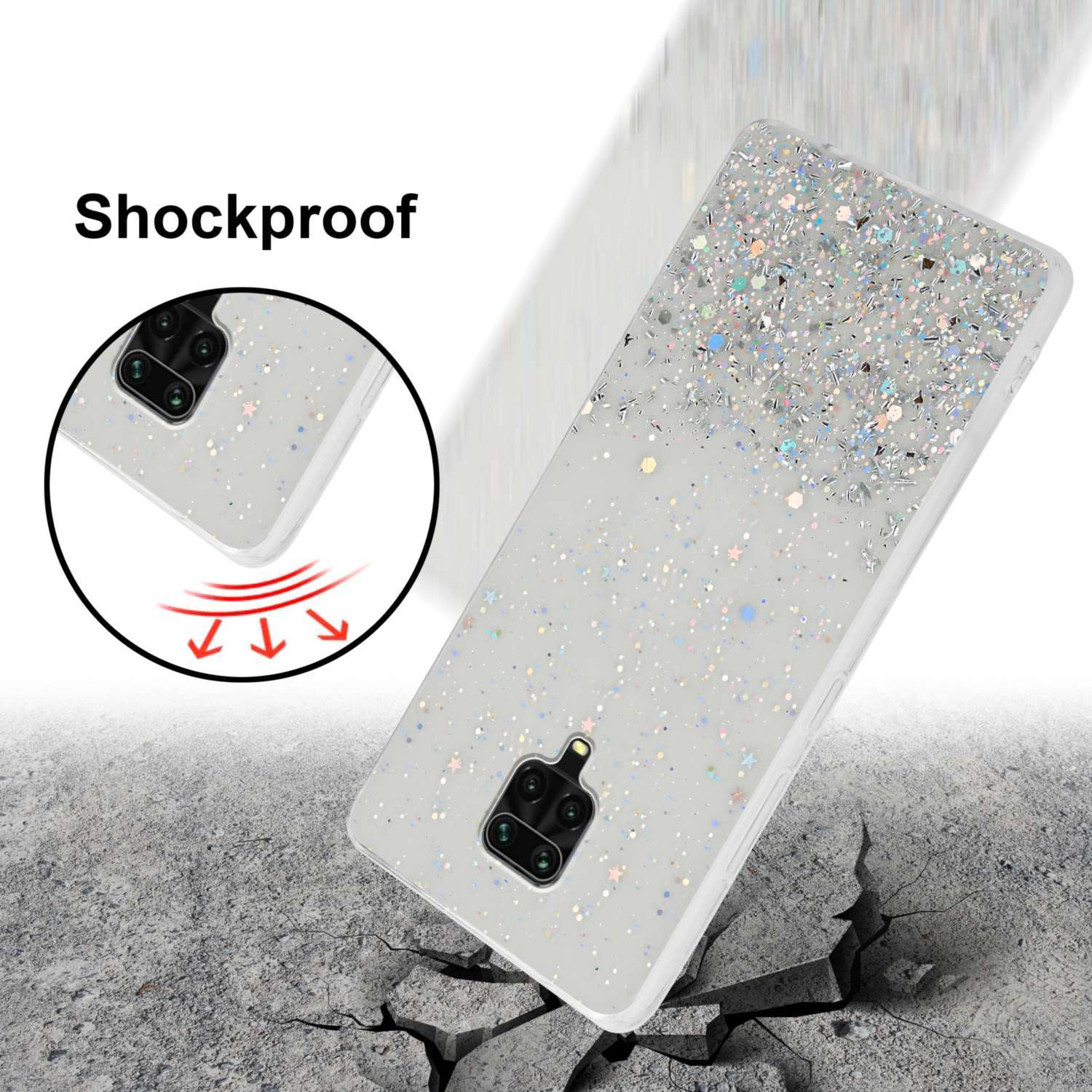 Custodia per telefono bianca e glitterata con ritagli per fotocamera, antiurto e pavimento in cemento.