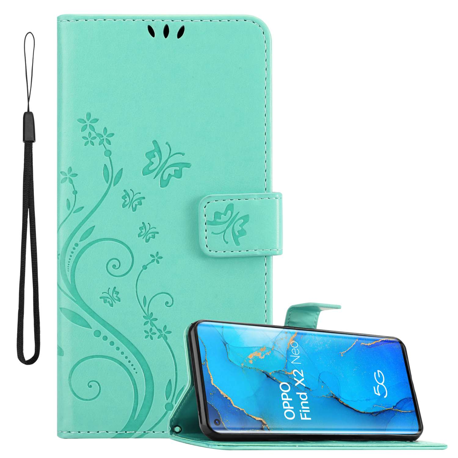 Una custodia per telefono verde acqua con un telefono dentro. La custodia ha un design floreale.