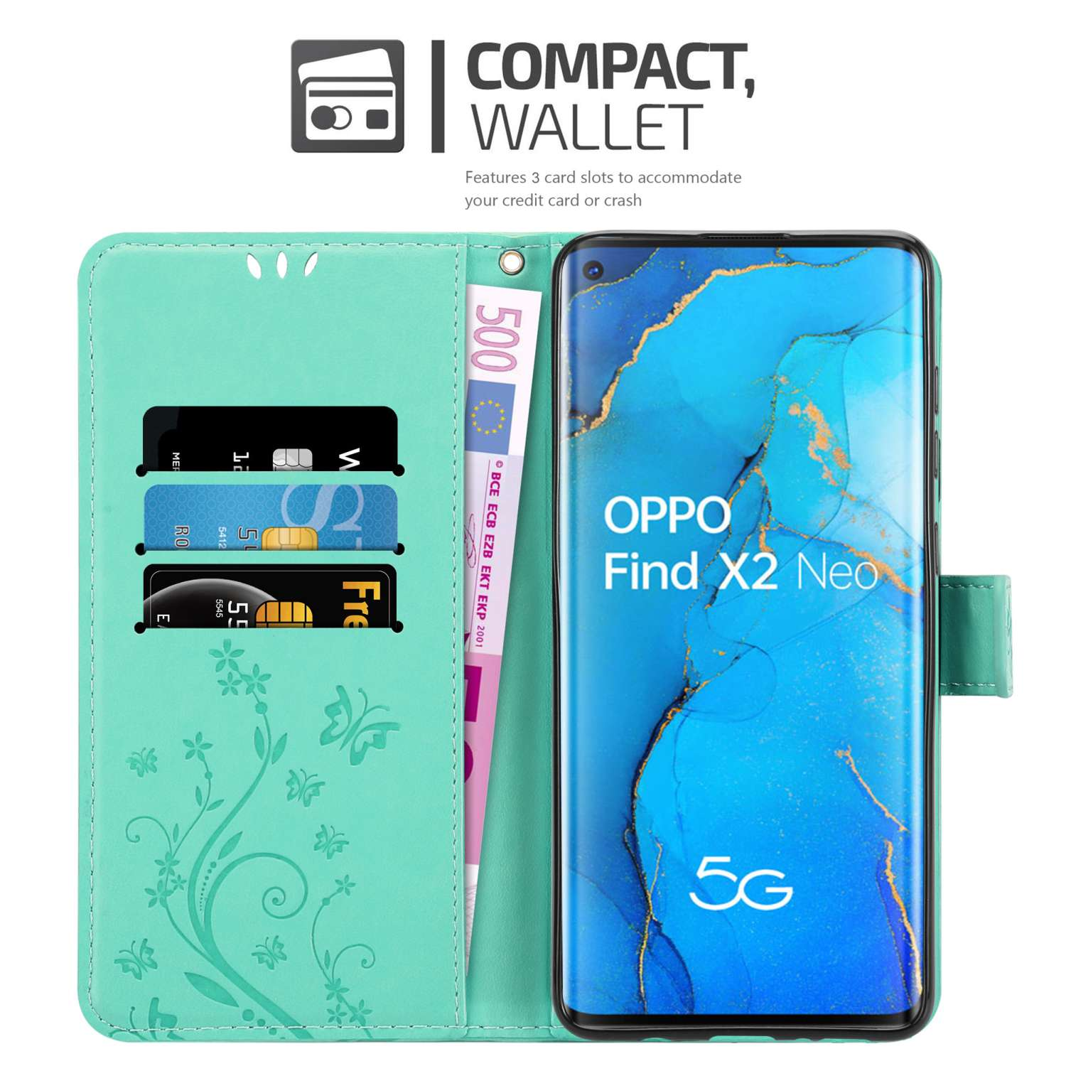 CADORABO Hülle Bookcover, TÜRKIS Case, Blumen Oppo, NEO, FLORAL Flower Muster FIND X2