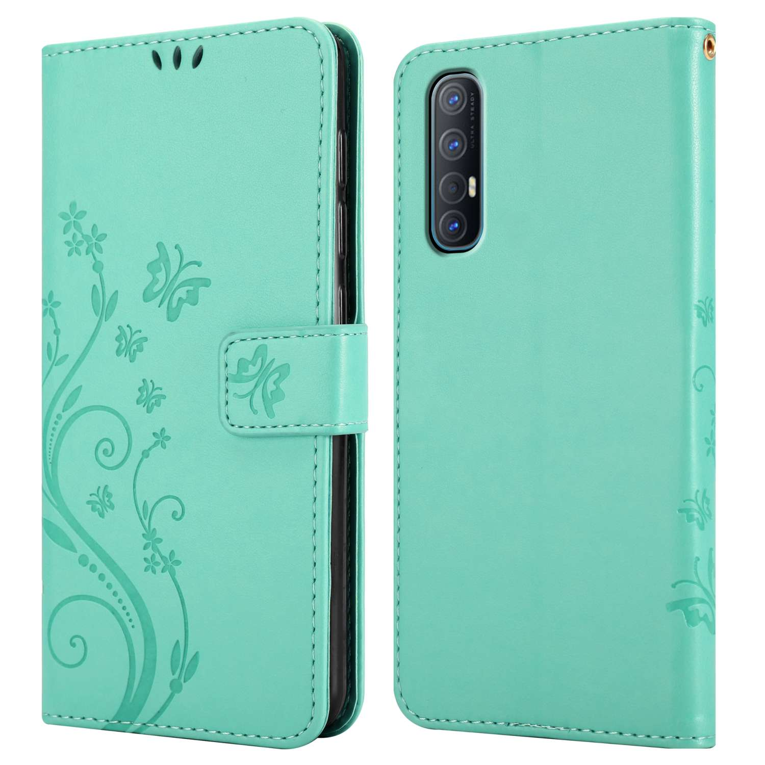 Custodia per telefono verde menta, design a farfalla, aperta. Telefono all'interno. Sfondo bianco.