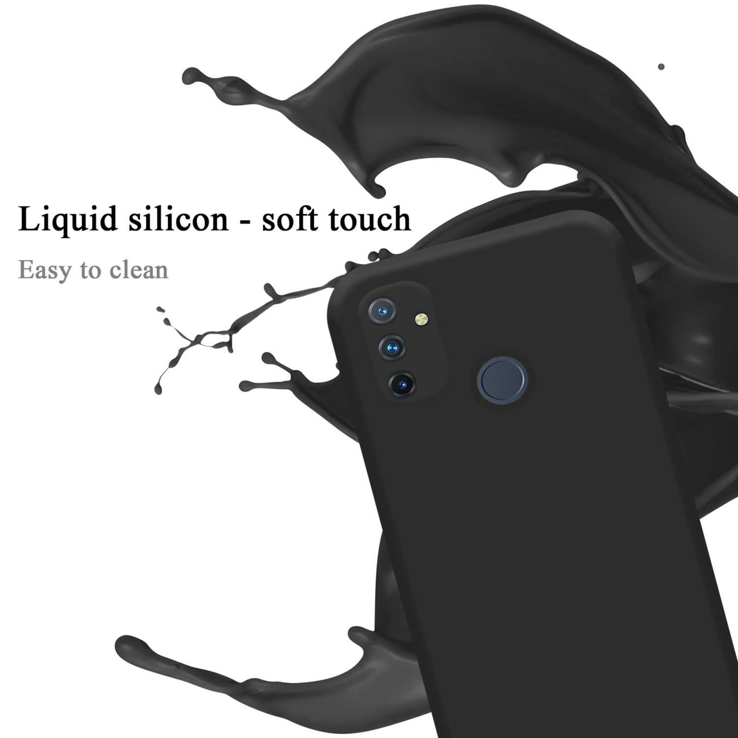 Eine schwarze Handyhülle mit einem Flüssigkeitsspritzer. Die Handyhülle ist schwarz. Es ist leicht zu reinigen und hat eine weiche Haptik.