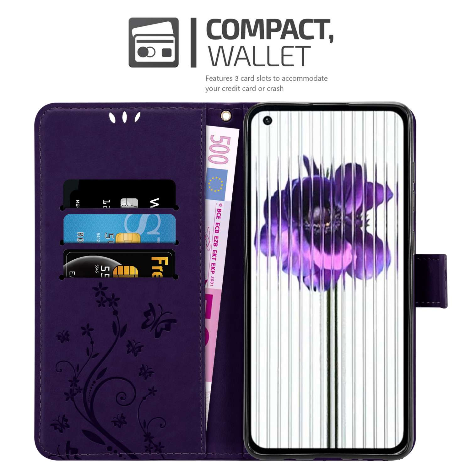 Custodia per telefono viola, aperta, con un telefono che mostra un'immagine floreale e scomparti per carte. È visibile una banconota da 500 euro.