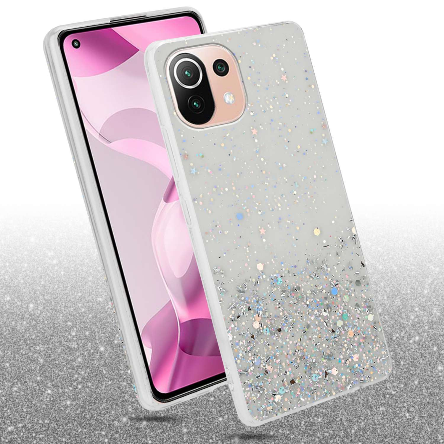 Handyhülle mit Glitzerdesign, Telefon leicht geneigt.