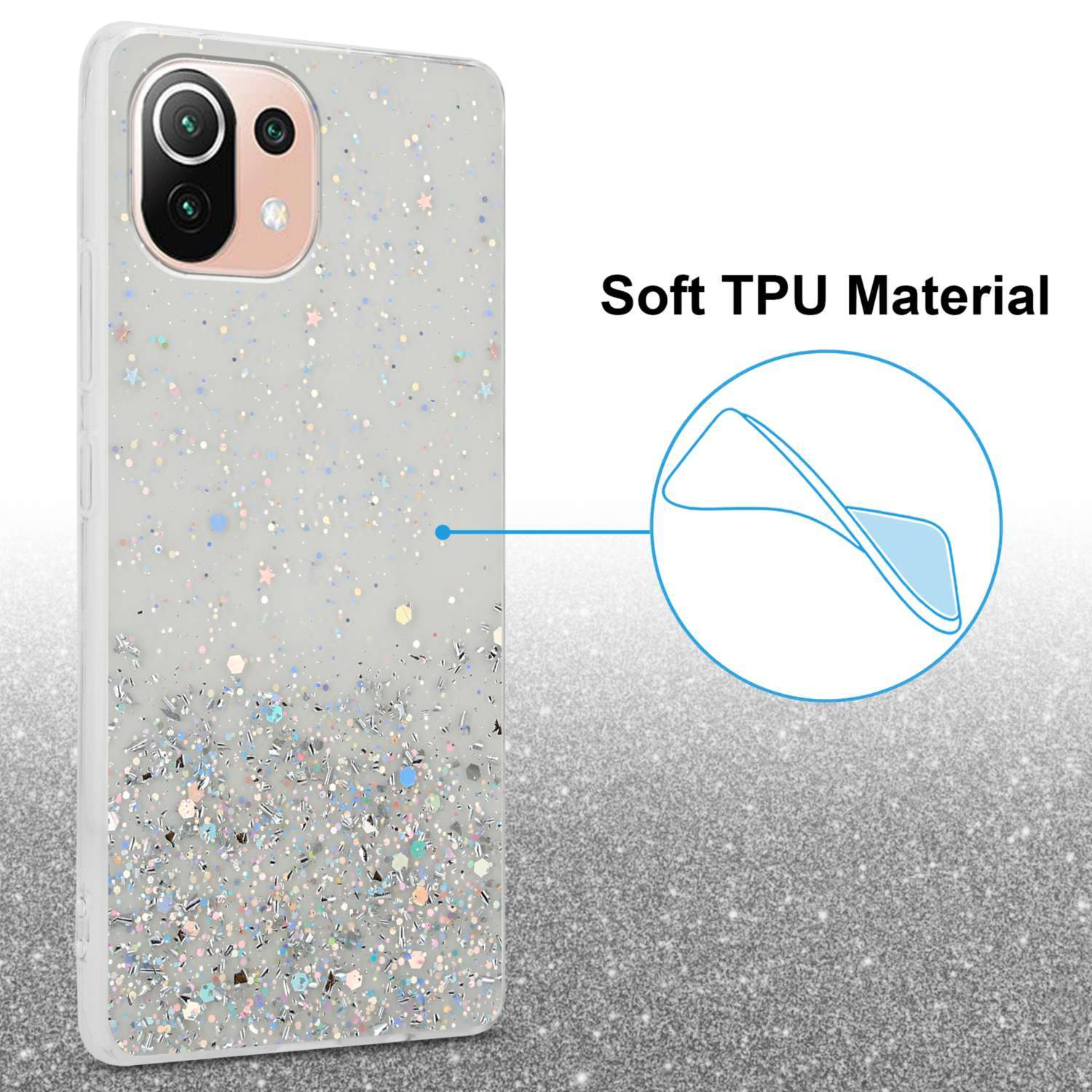 Handyhülle mit Glitzerdesign. Die Handyhülle befindet sich neben dem Telefon.