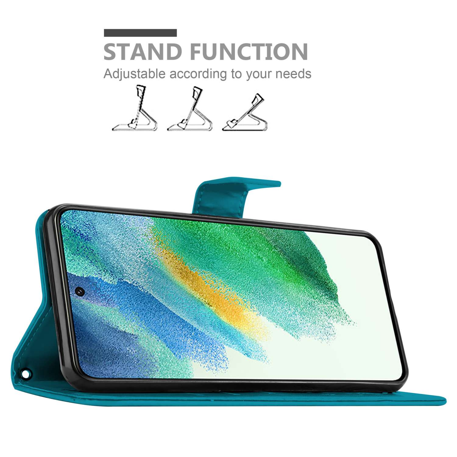 Custodia per telefono turchese in modalità stand. Il telefono visualizza un'immagine con testo. Viene pubblicizzata la funzione stand.