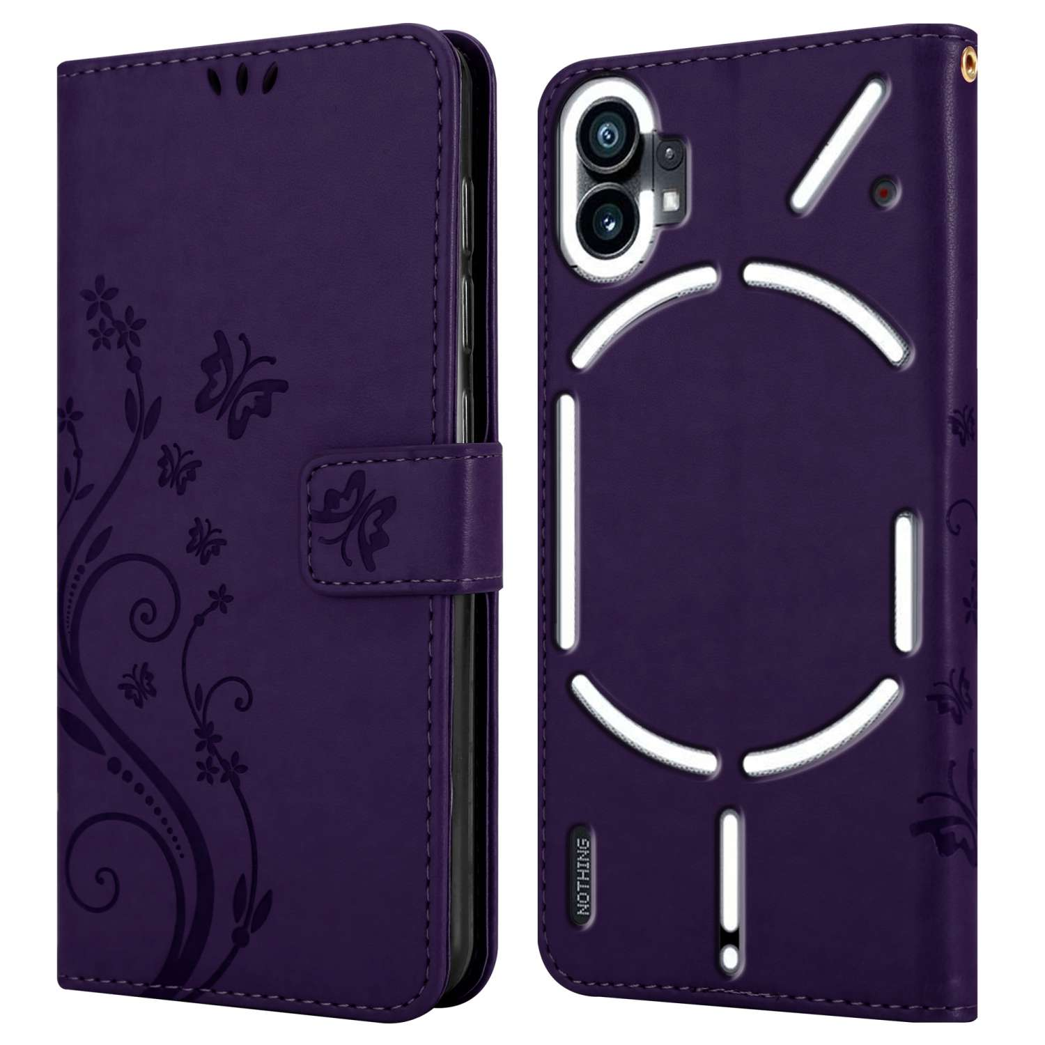 Custodia a portafoglio viola per telefono con un design a farfalla.