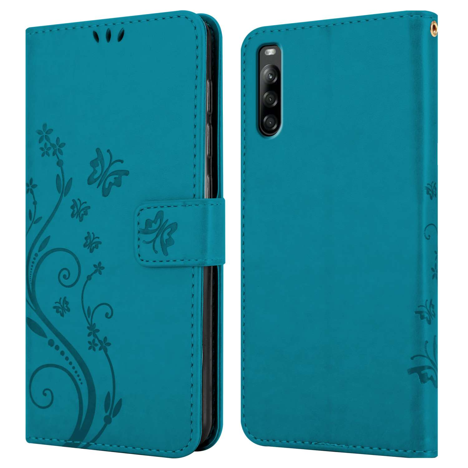 Una custodia teal con un design a farfalla, chiusa. Sfondo bianco.