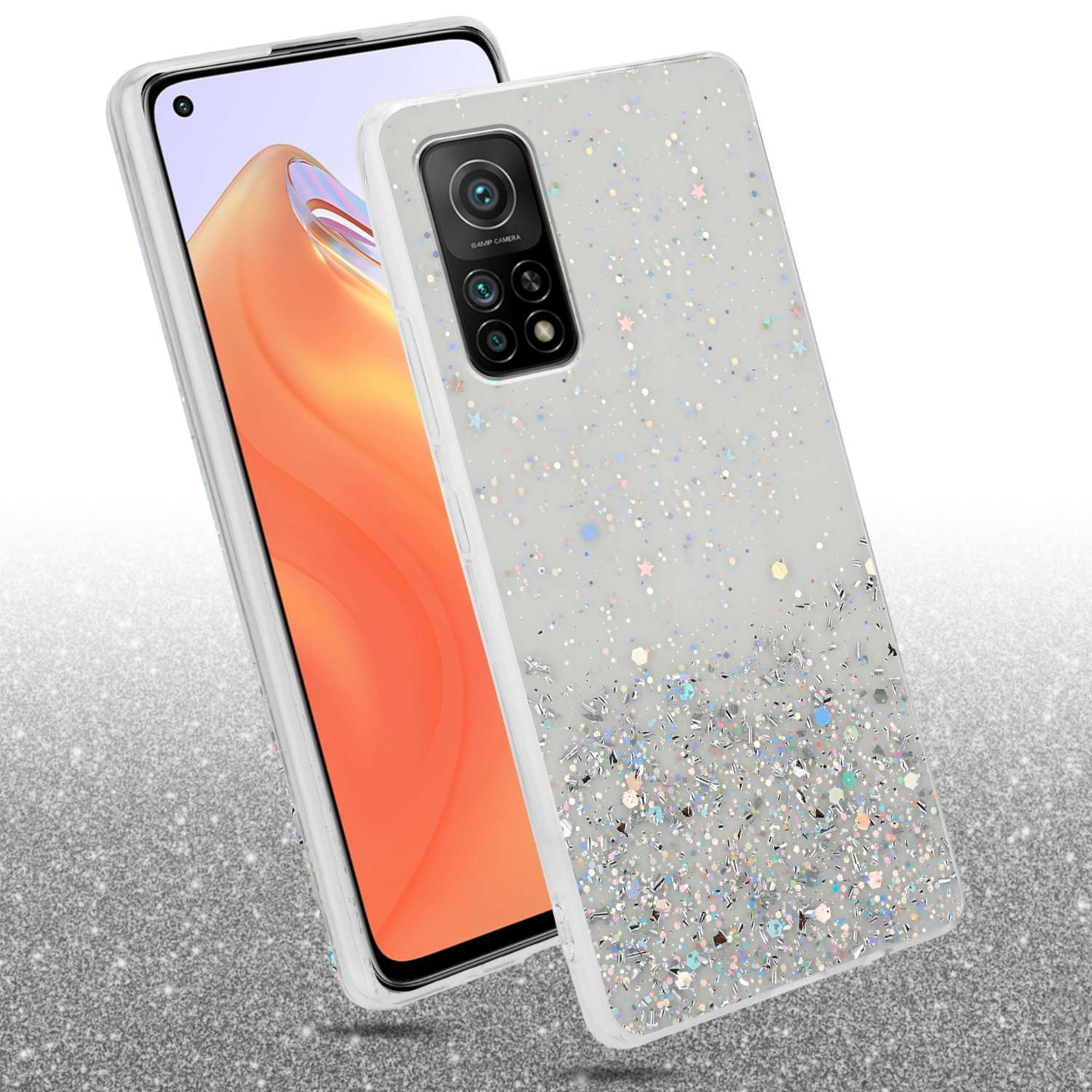 Custodia per telefono glitterata su un telefono. Il telefono è bianco con un design glitterato. Lo sfondo è una superficie lucida.