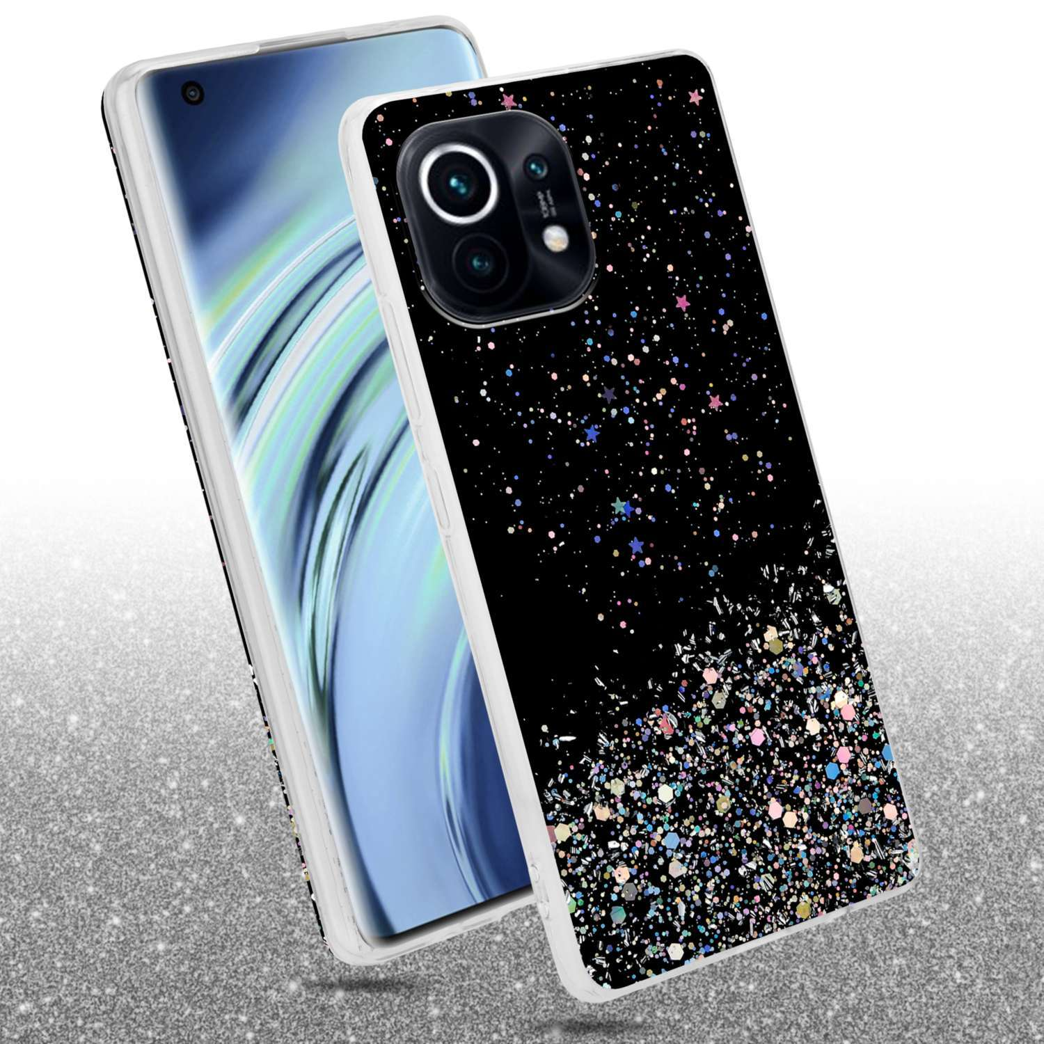 Custodia per telefono nera con design glitterato. Il telefono è visibile dietro.