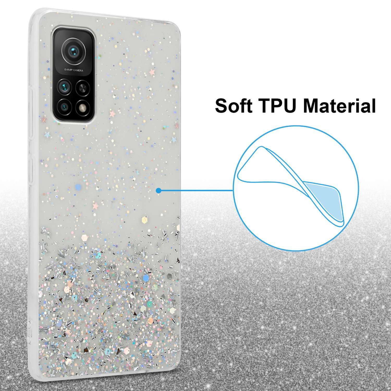 Custodia bianca con effetto glitter. Testo: Materiale TPU morbido. Il telefono ha una fotocamera, con etichetta 64MP.