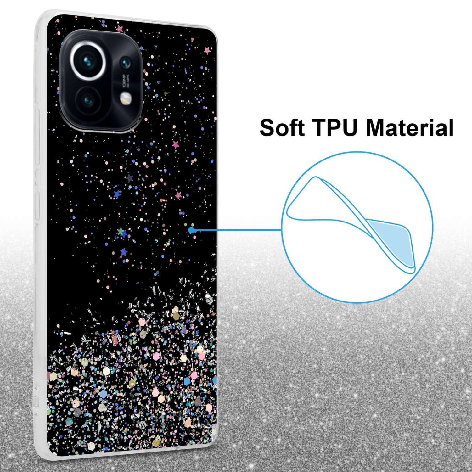 Custodia per telefono nera con brillantini. La custodia ha una parte superiore nera, glitter in basso e una fotocamera del telefono.