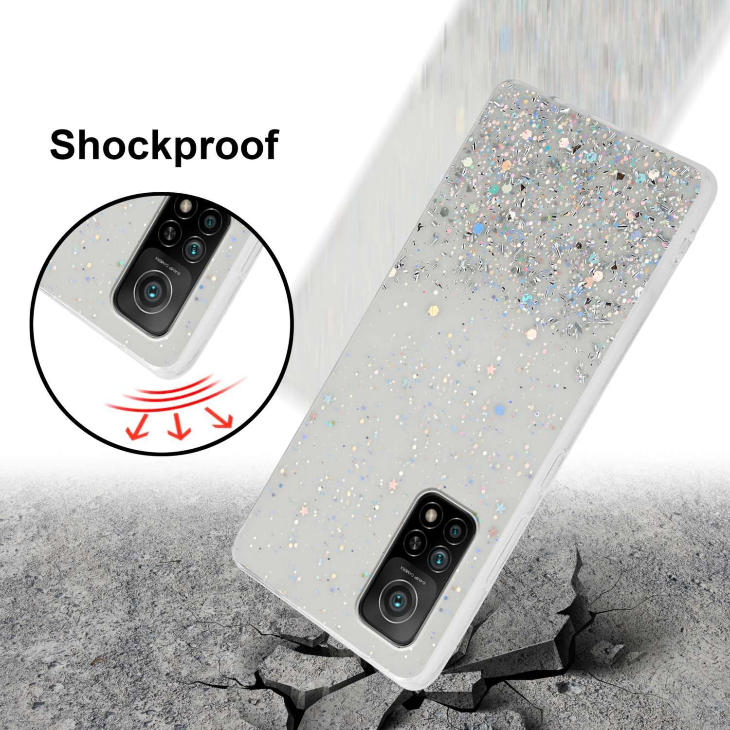 Una custodia per telefono con glitter che cadono su una superficie incrinata. Il testo dice 'Antishock'.