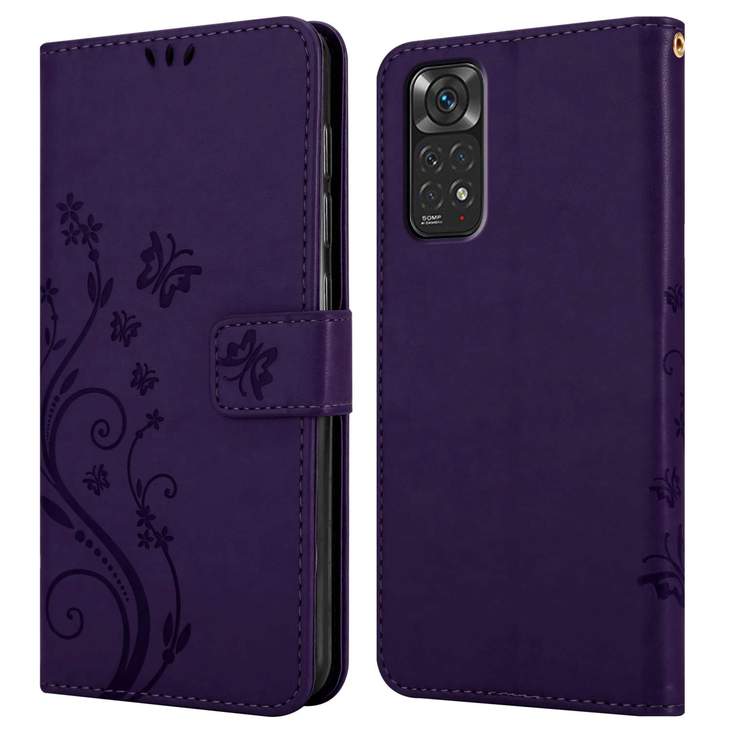 Una custodia per telefono viola, aperta, con un design floreale e un telefono all'interno.