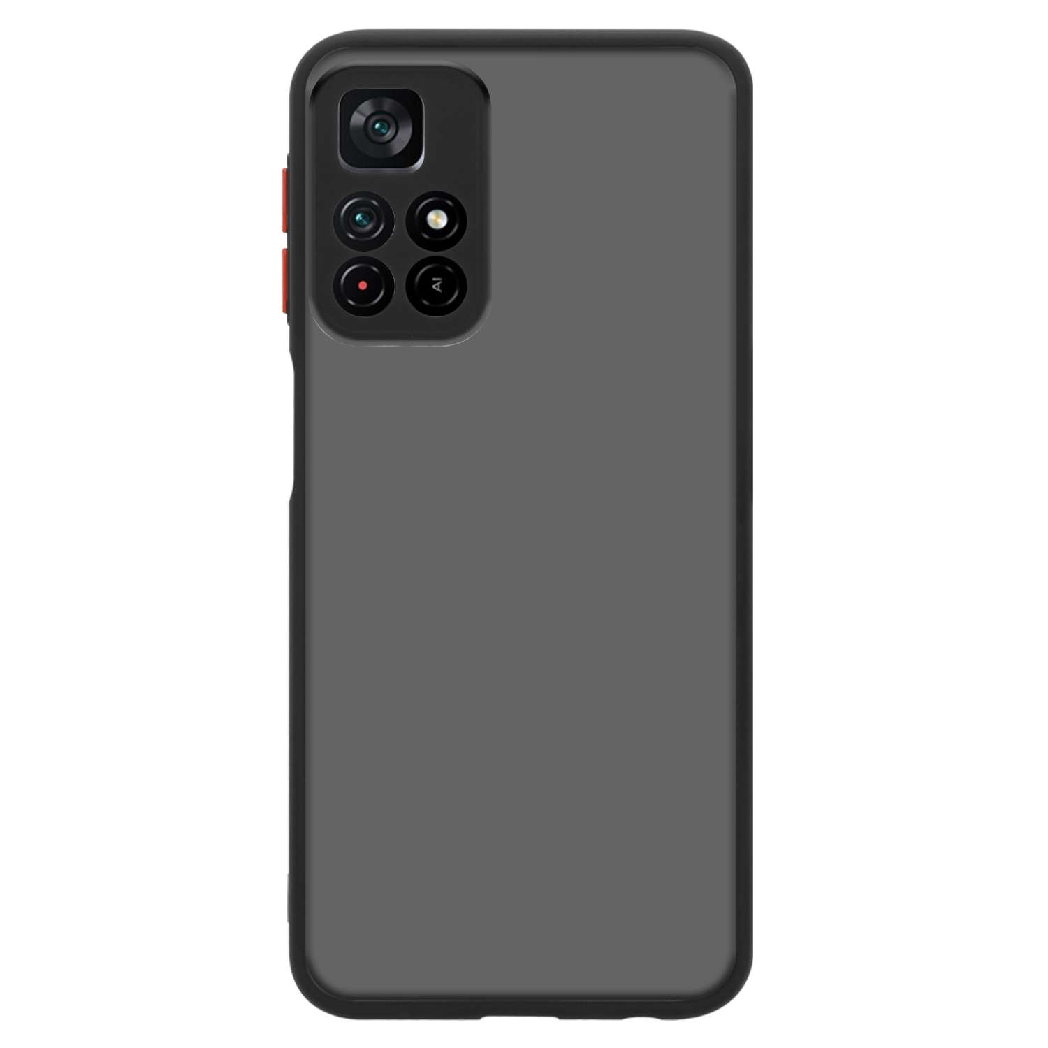 Custodia grigia per telefono con modulo fotocamera e pulsanti rossi laterali.