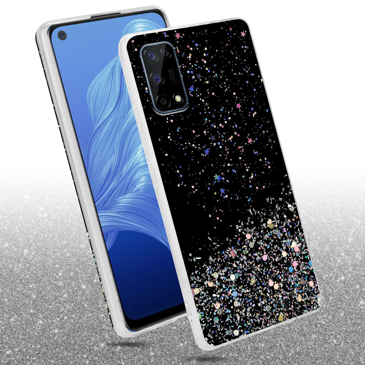 Custodia nera con glitter, un telefono dietro. La custodia ha un design glitterato.