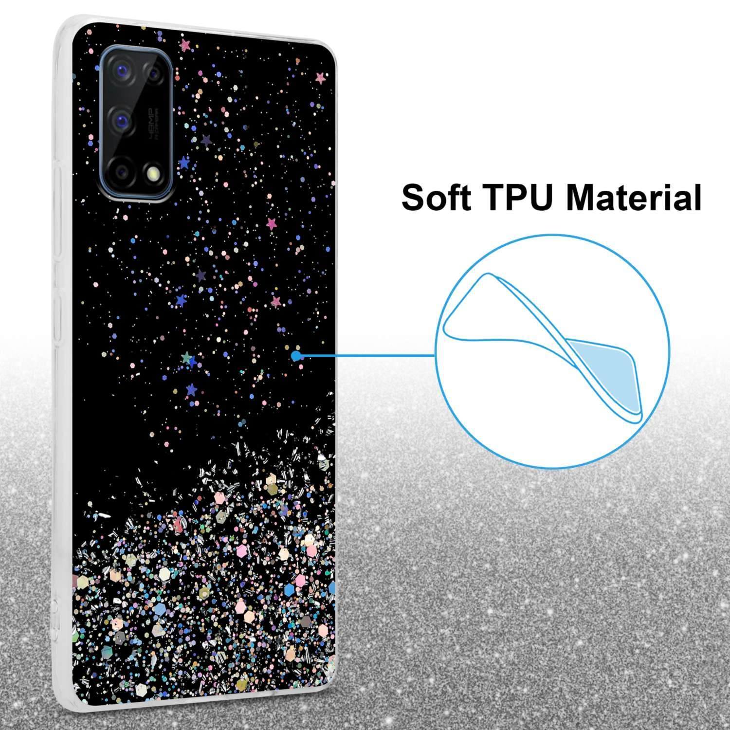 Custodia nera per telefono con glitter. Il testo recita 'Soft TPU Material'.