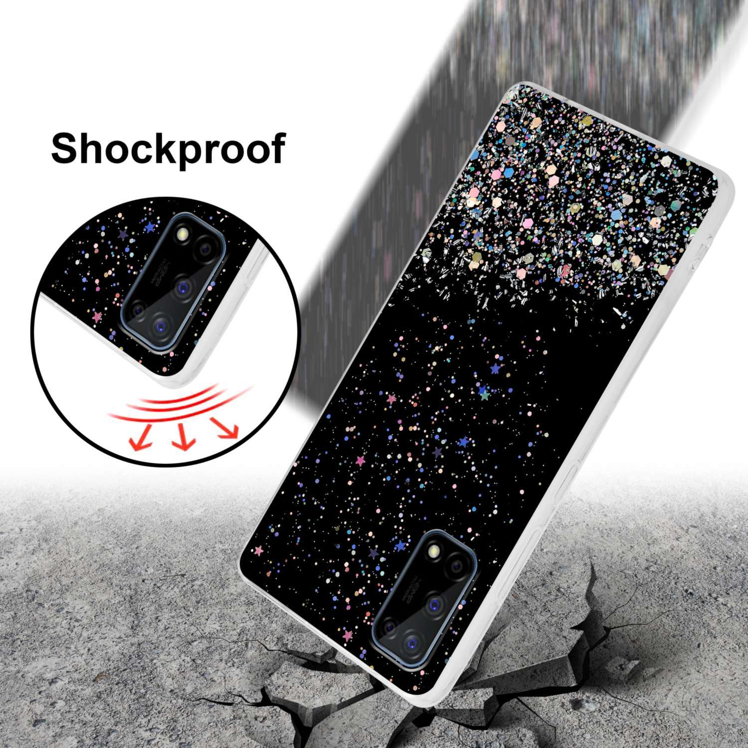 Custodia antiurto, mostra telefono con glitter su superficie incrinata.