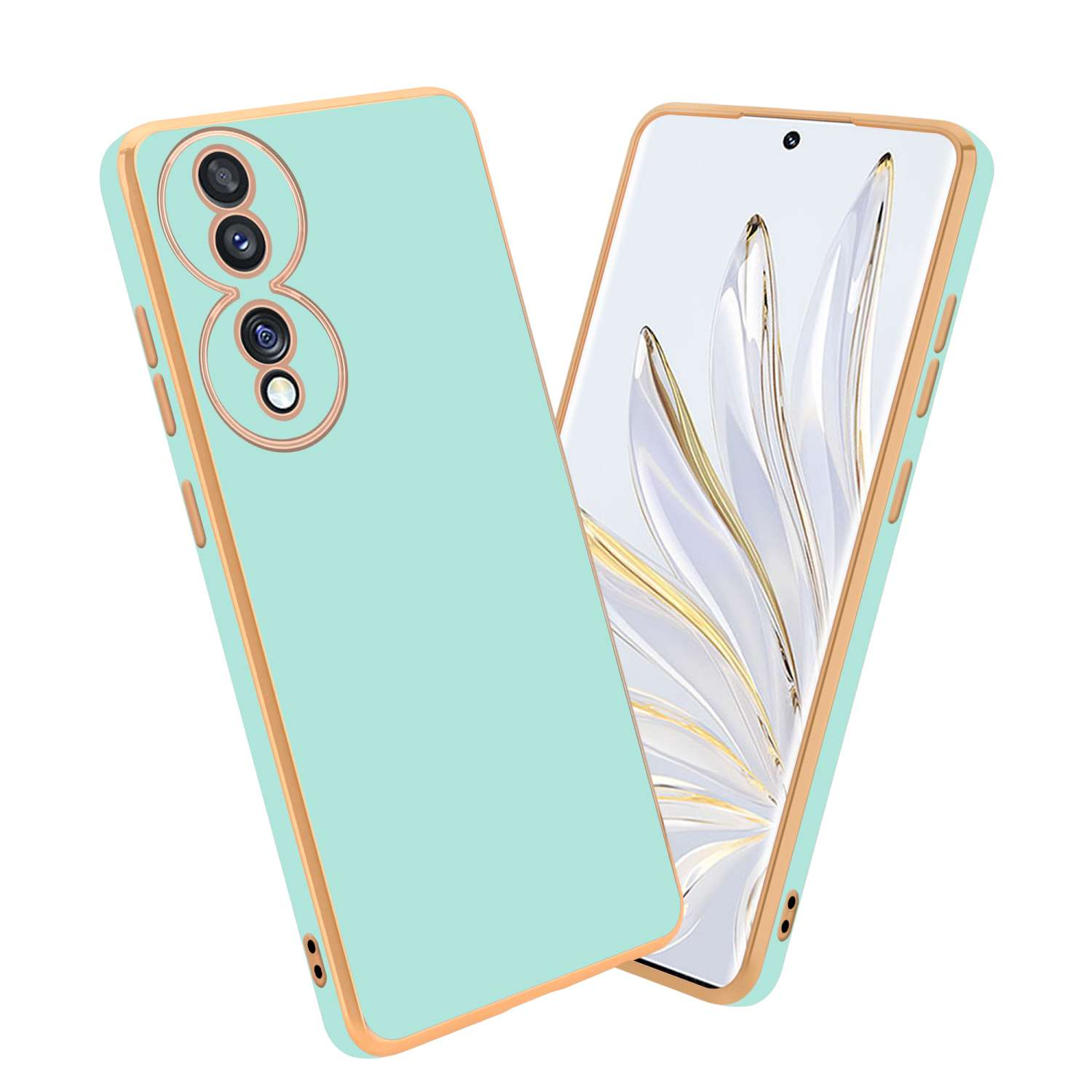 Due telefoni con cover. Uno a sinistra, l'altro a destra. Le cover sono azzurre e dorate.