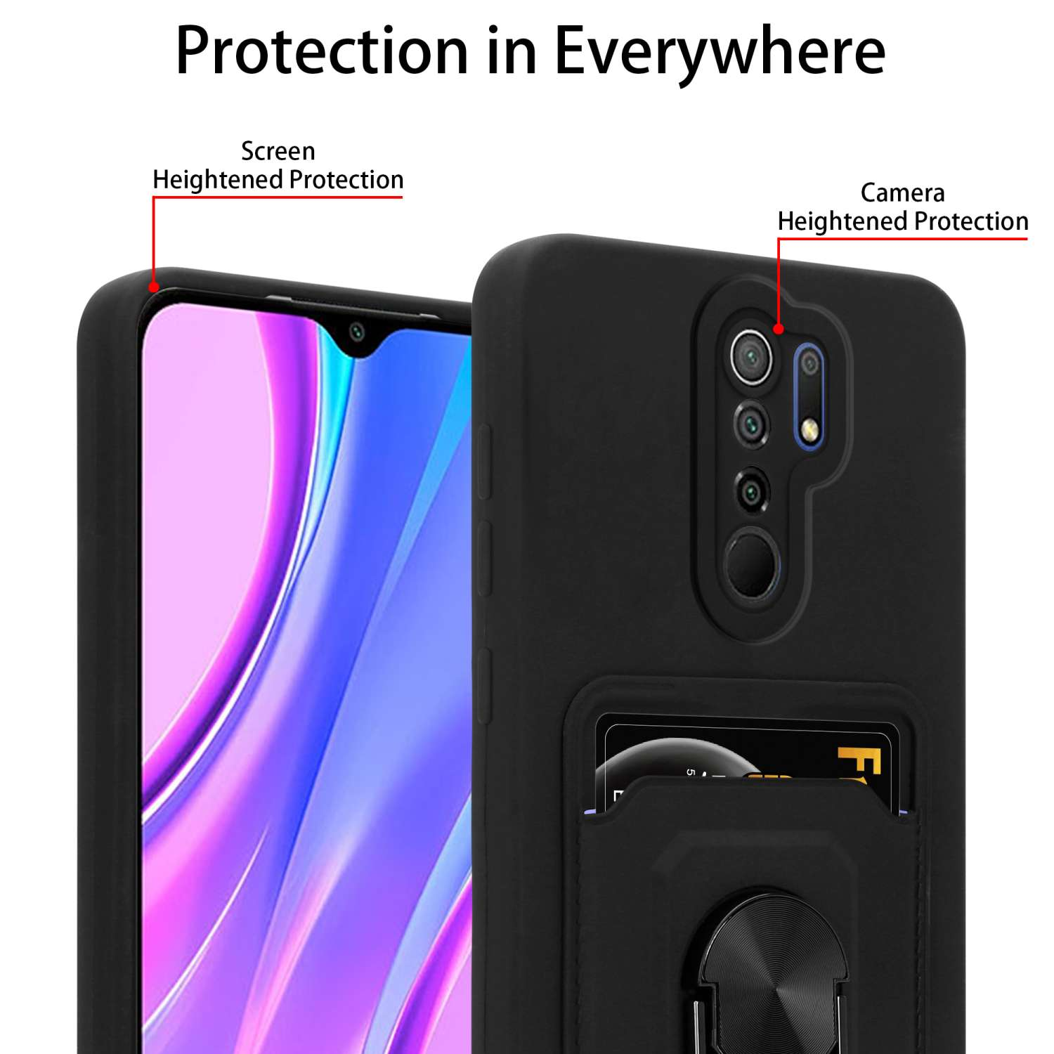 Un étui de téléphone noir avec des bords surélevés, soulignant la protection de l'écran et de la caméra.